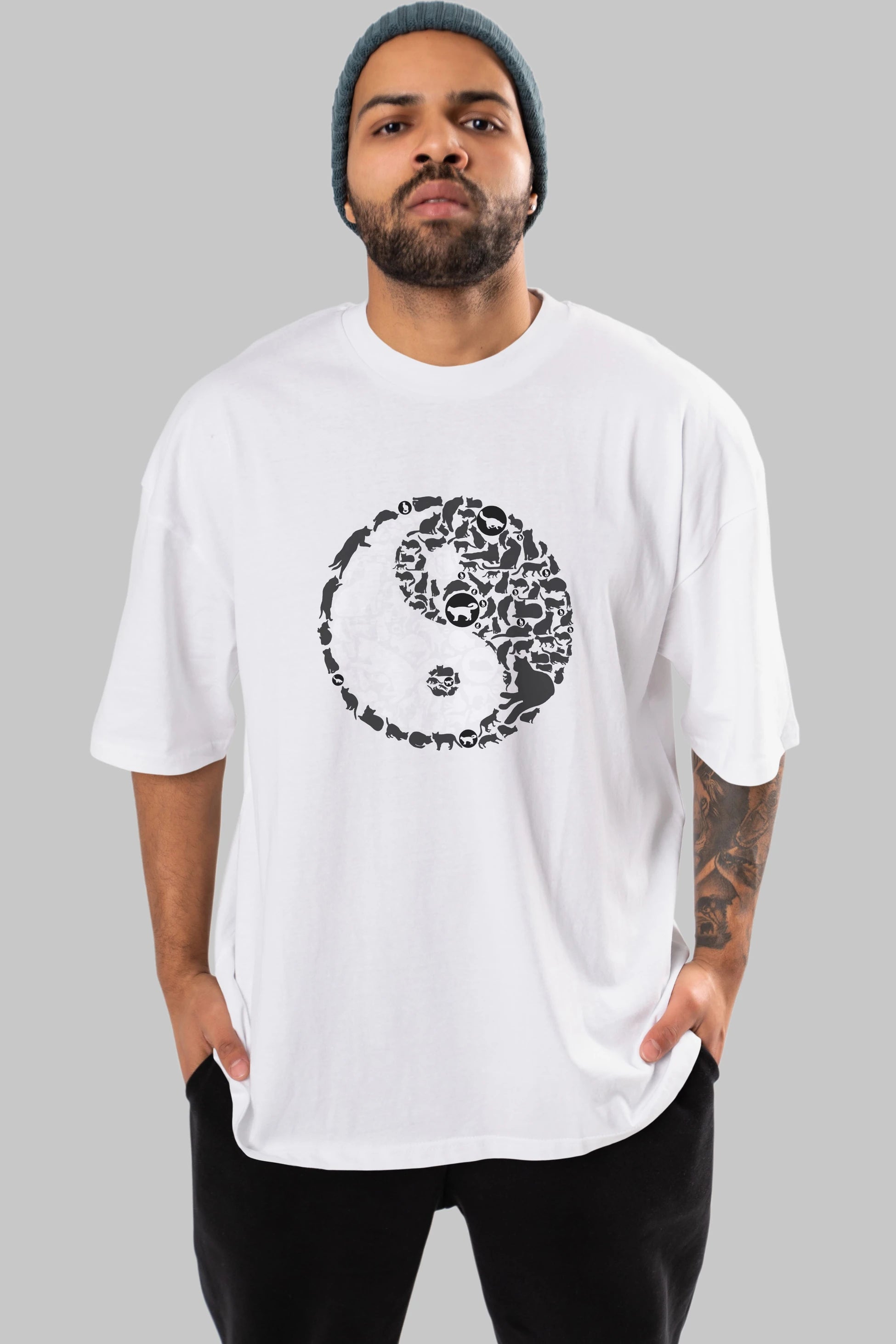 YinYang Cats Ön Baskılı Oversize t-shirt %100 pamuk Erkek Kadın Unisex