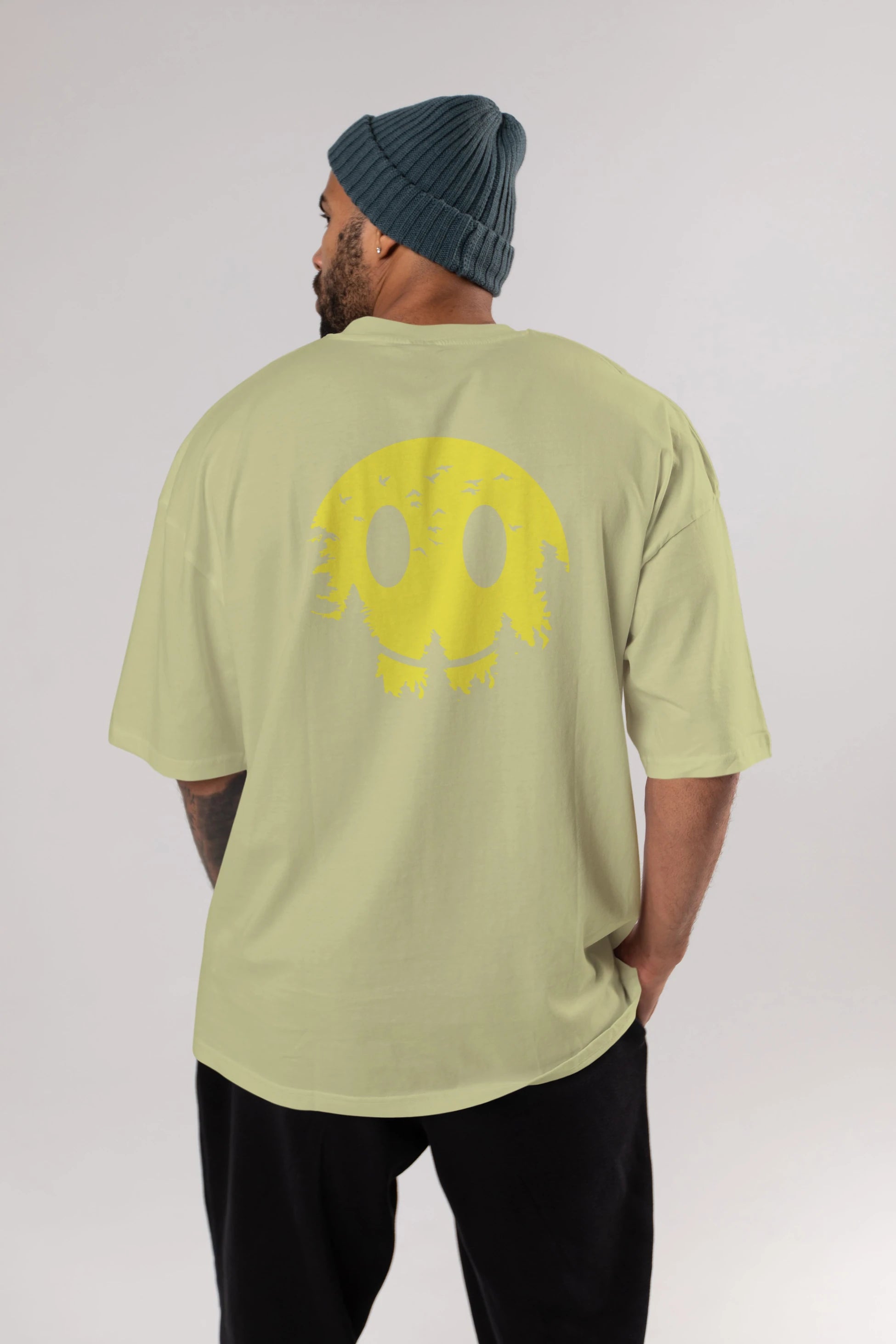 Smiley Moon Arka Baskılı Oversize t-shirt %100 pamuk Erkek Kadın Unisex
