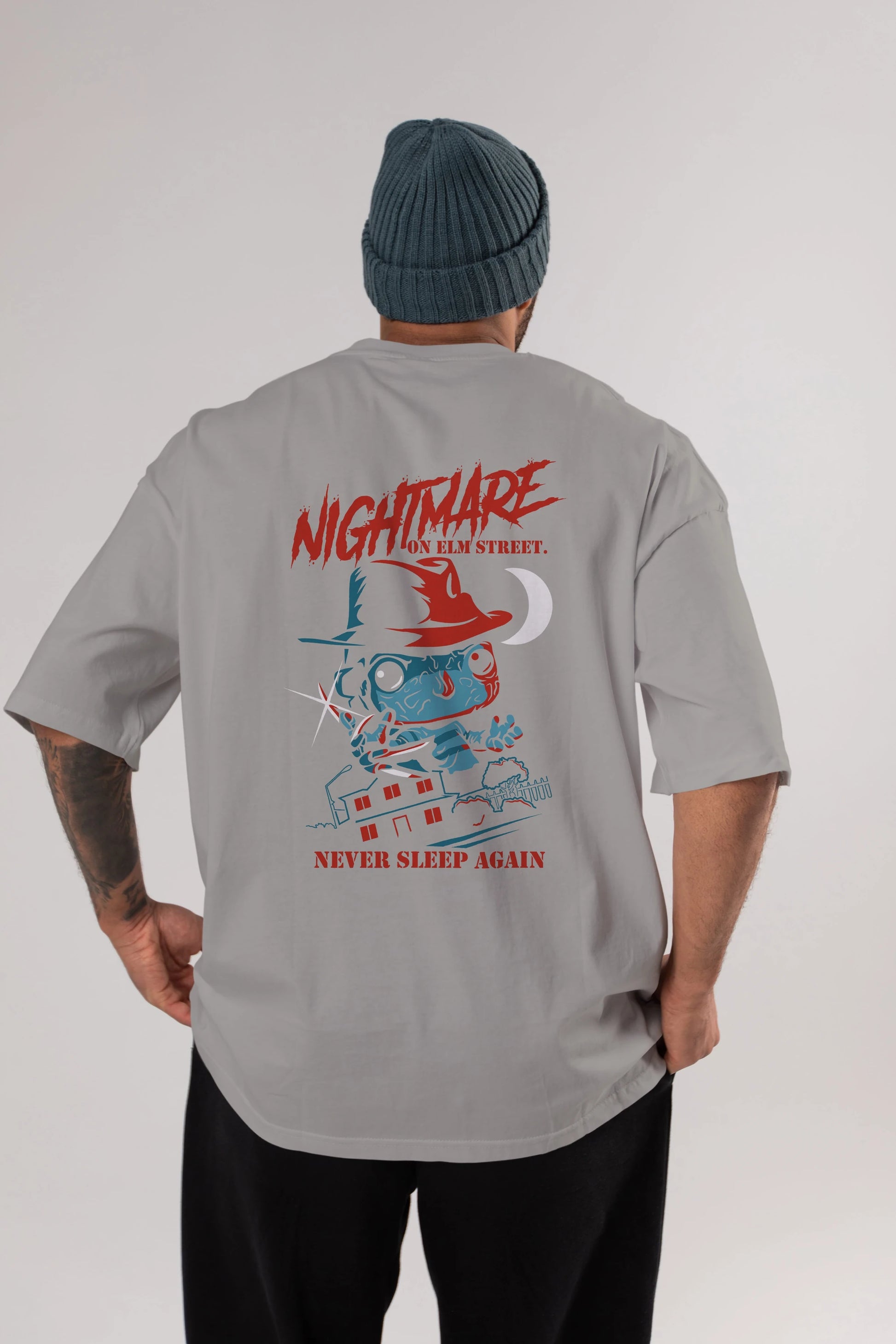 Nightmare Elm Sokağı Arka Baskılı Oversize t-shirt Erkek Kadın Unisex %100 Pamuk Bisiklet Yaka tişort