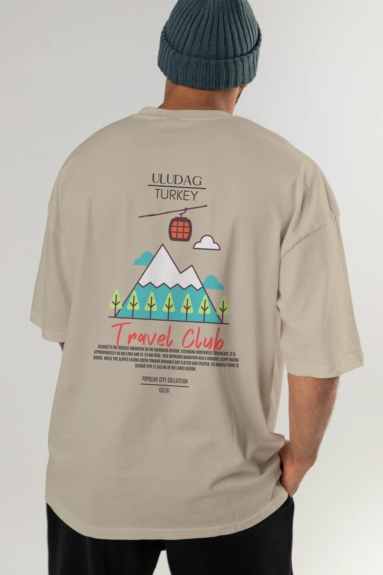Uludağ Turkey Arka Baskılı Oversize t-shirt Erkek Kadın Pamuk Bisiklet Yaka tişort