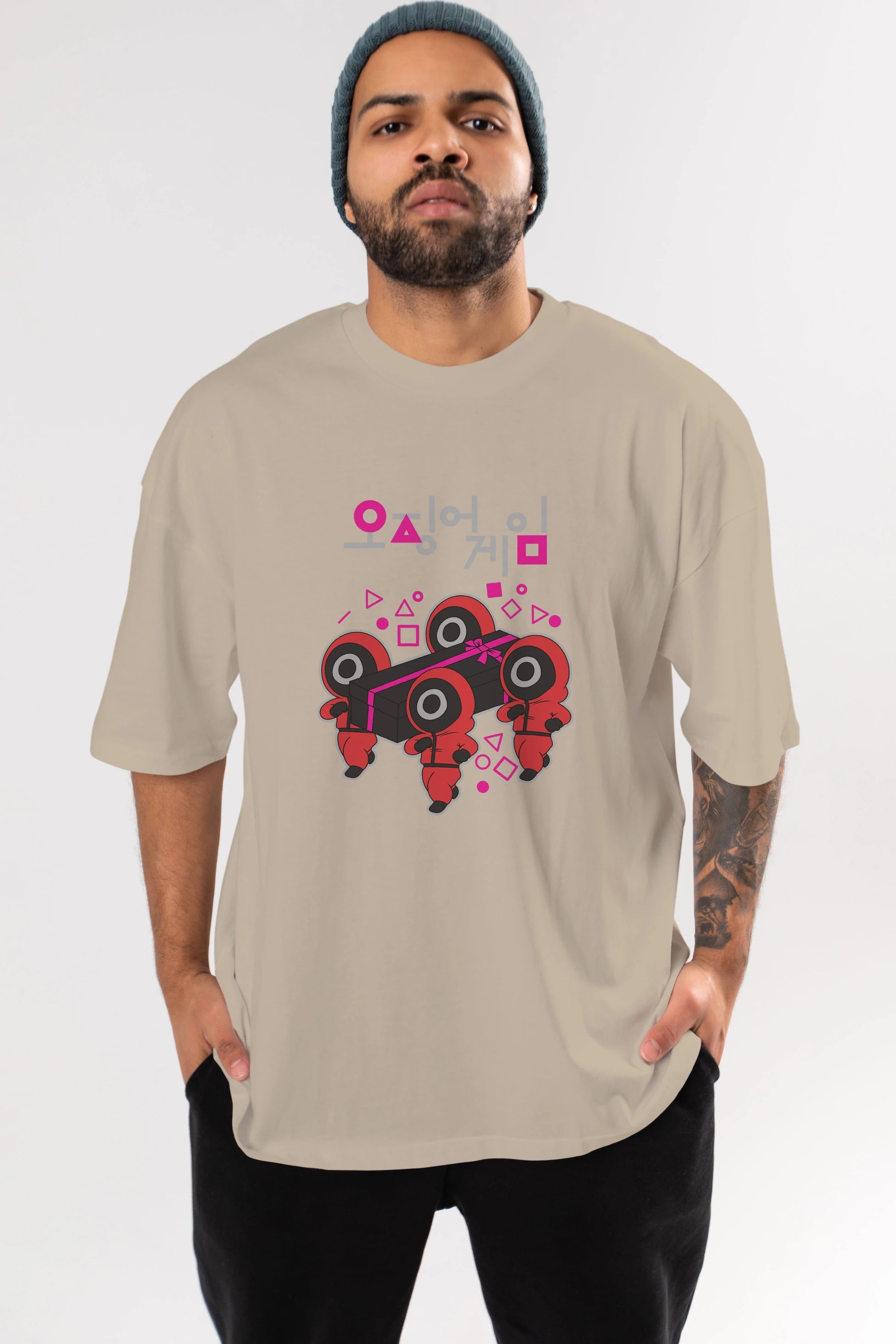 Squid Game (6) Ön Baskılı Oversize t-shirt Erkek Kadın Unisex %100 Pamuk Bisiklet Yaka tişort