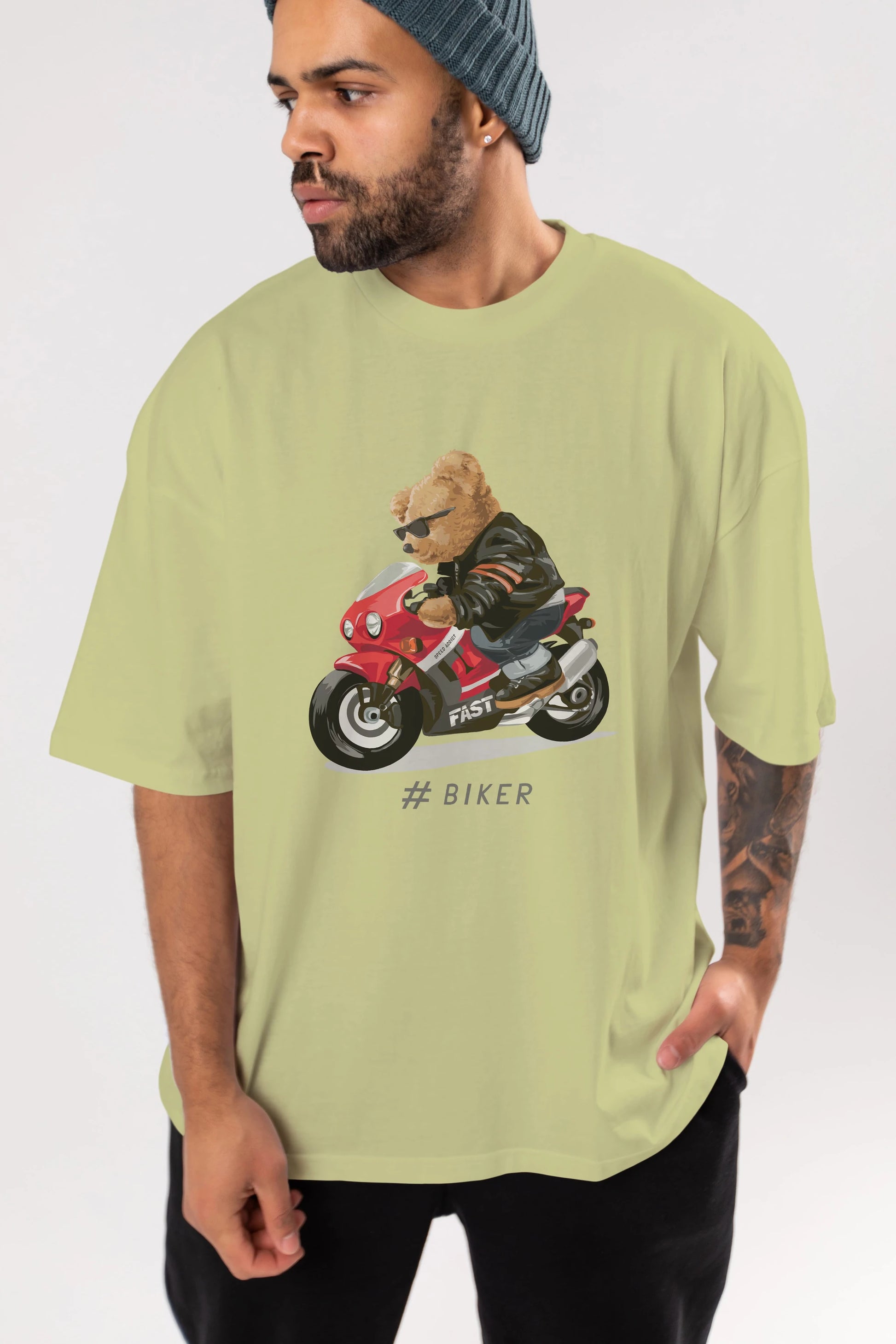 Teddy Bear Biker Ön Baskılı Oversize t-shirt Erkek Kadın Unisex %100 Pamuk