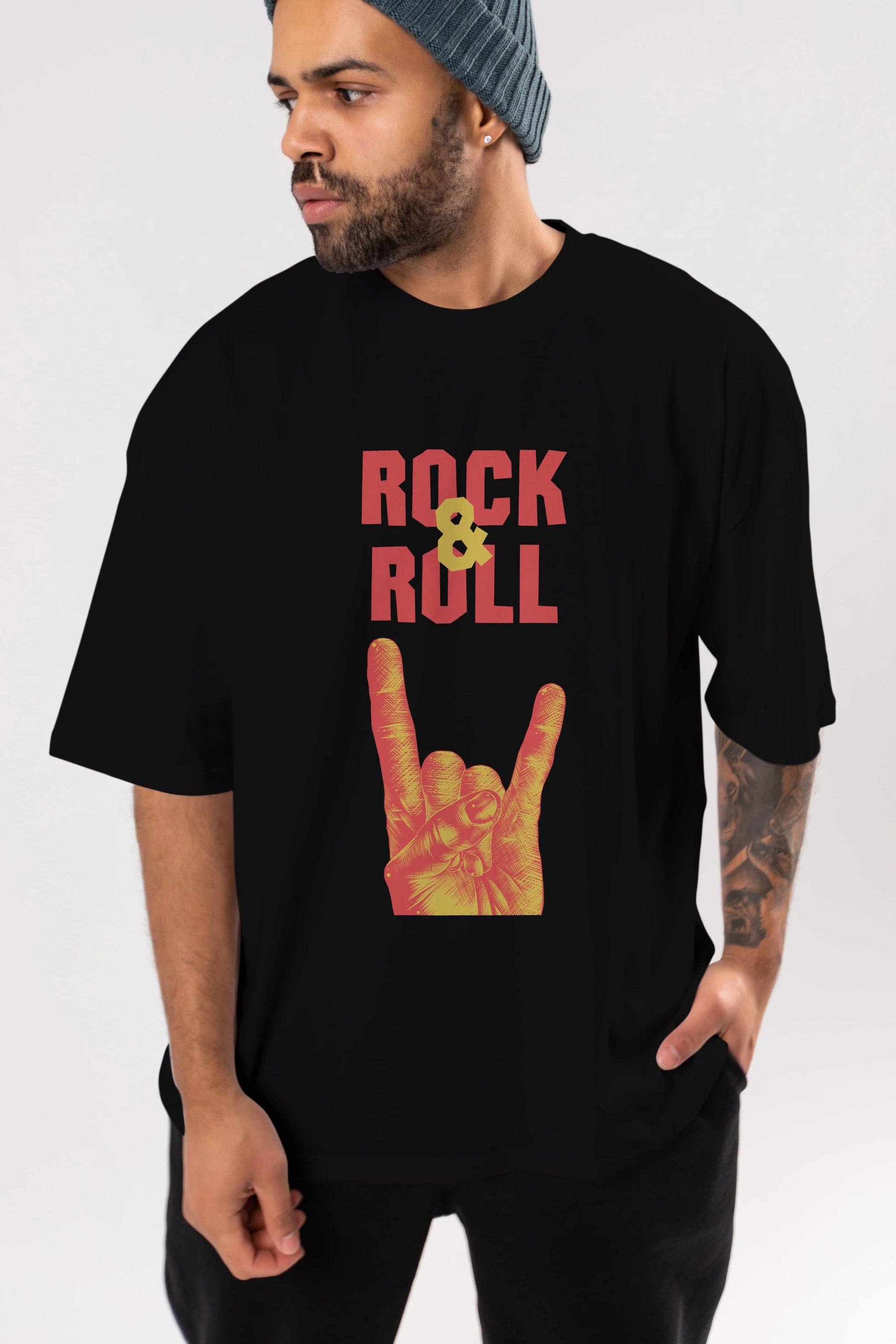 Rock & Roll Yazılı Ön Baskılı Oversize t-shirt Erkek Kadın Unisex