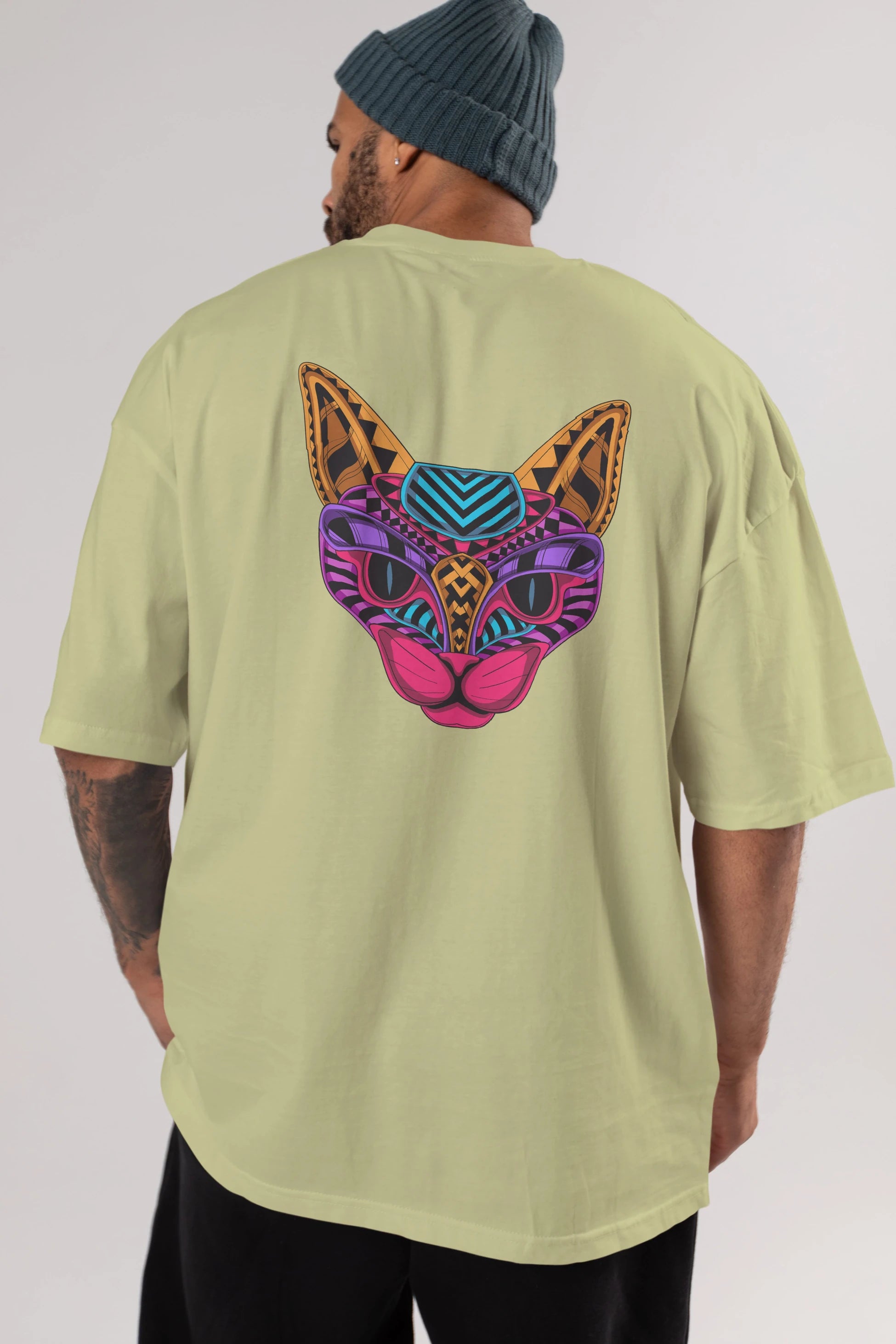 Black Neon Cat Arka Baskılı Oversize t-shirt Erkek Kadın Unisex