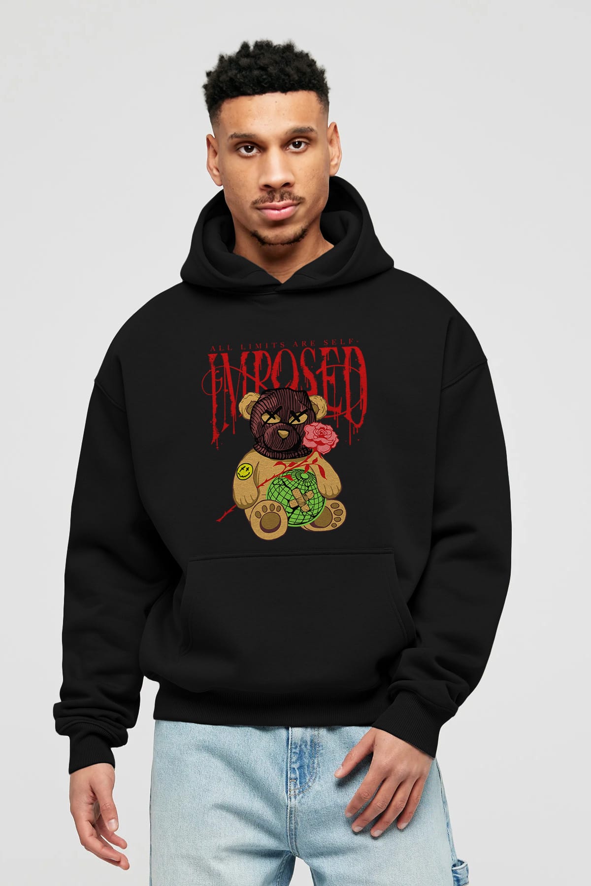 All Limits Bear Ön Baskılı Hoodie Oversize Kapüşonlu Sweatshirt Erkek Kadın Unisex