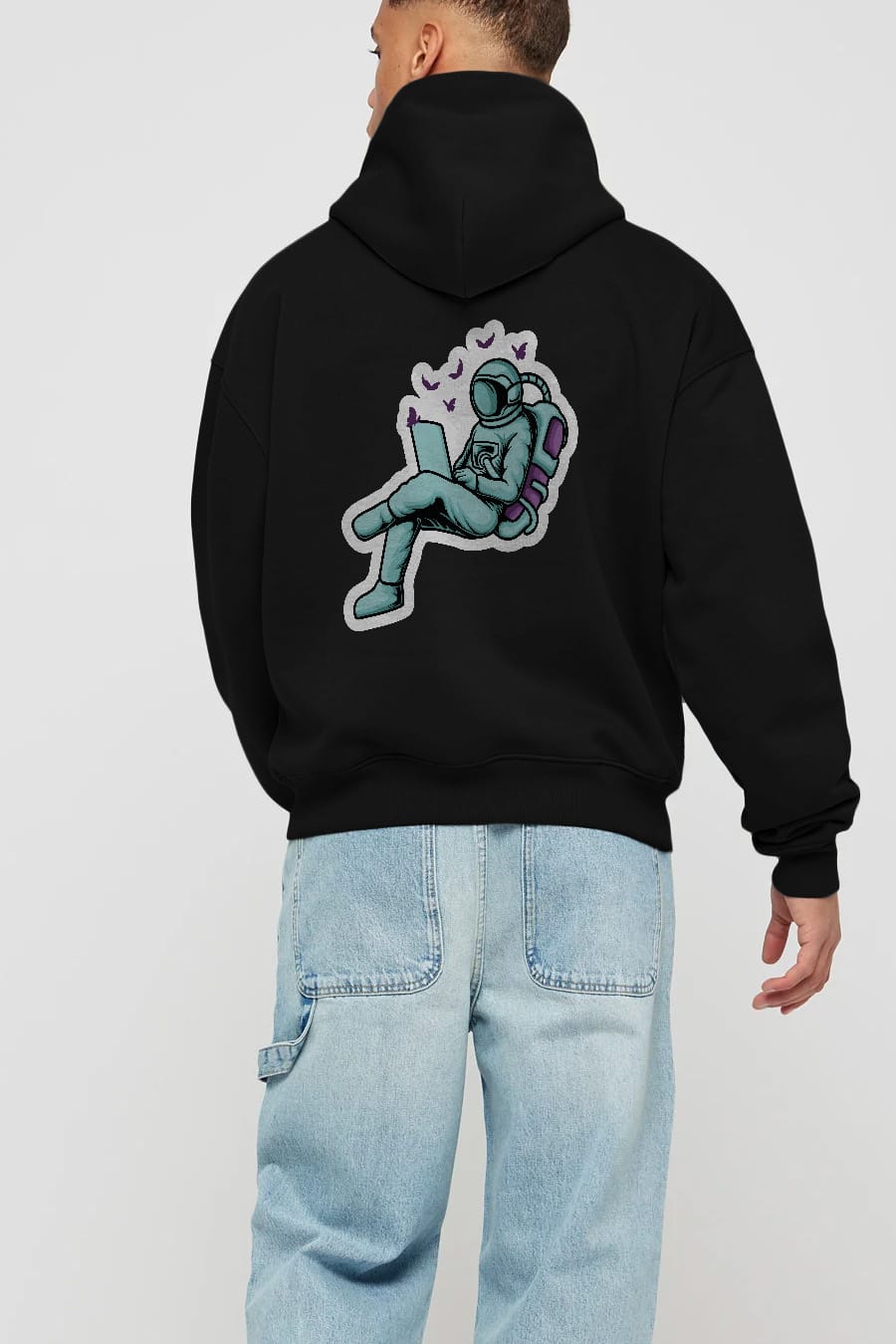 Work with Butterflies in Space Sticker Arka Baskılı Hoodie Oversize Kapüşonlu Sweatshirt Erkek Kadın Unisex