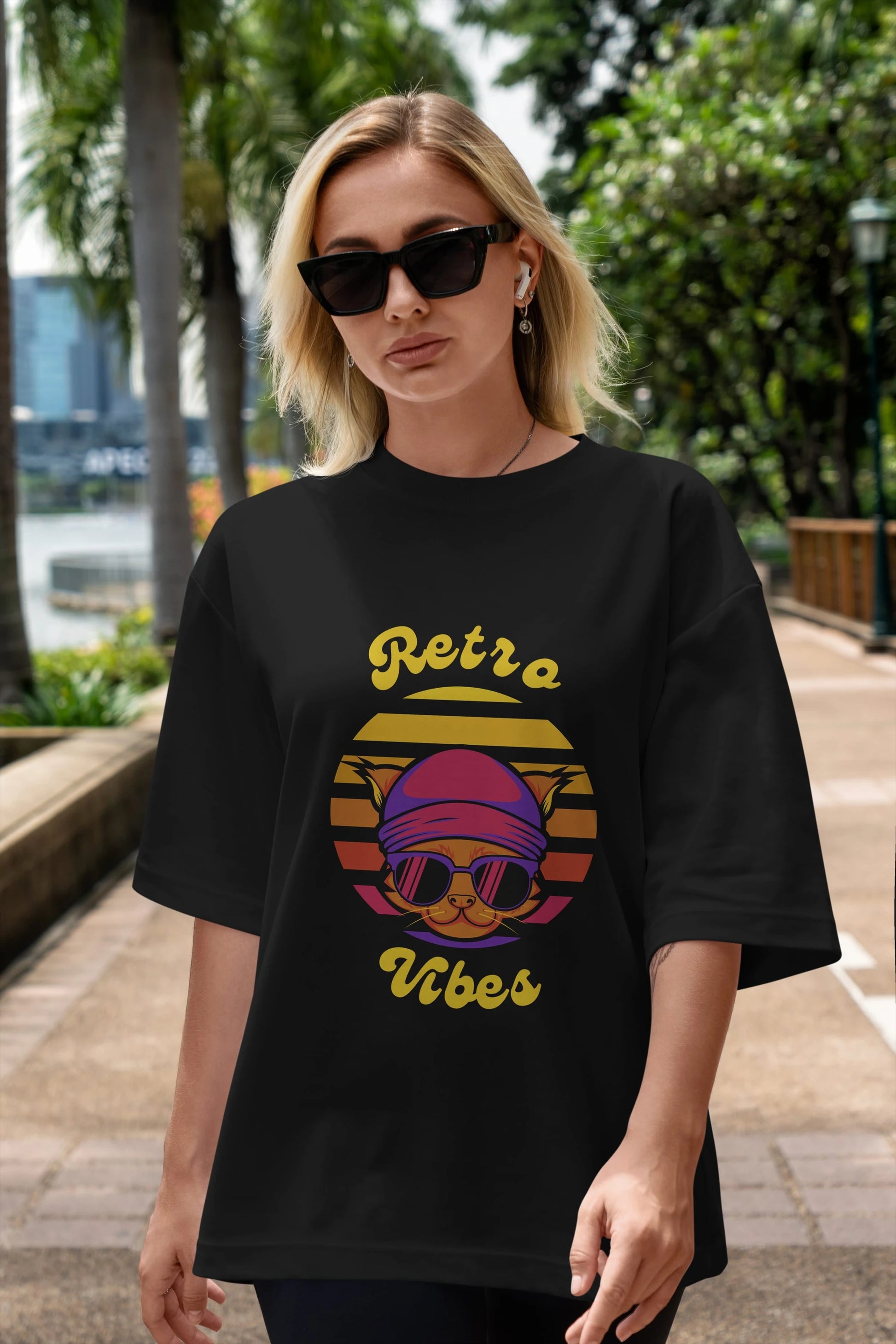 Cat Retro Vibes Ön Baskılı Oversize t-shirt Erkek Kadın Unisex