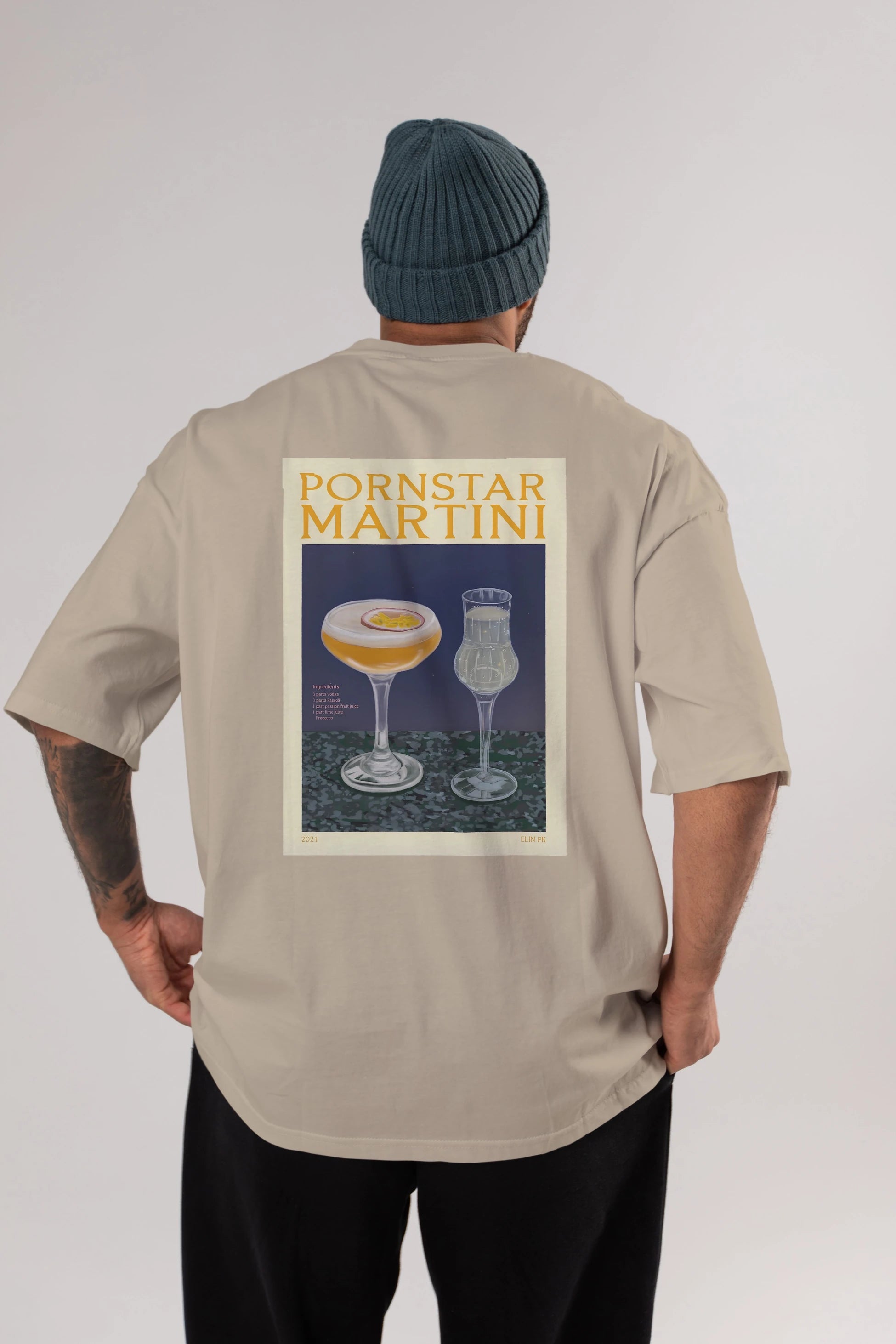 P.rnstar Martini Arka Baskılı Oversize t-shirt Erkek Kadın Unisex %100 Pamuk Bisiklet Yaka tişort