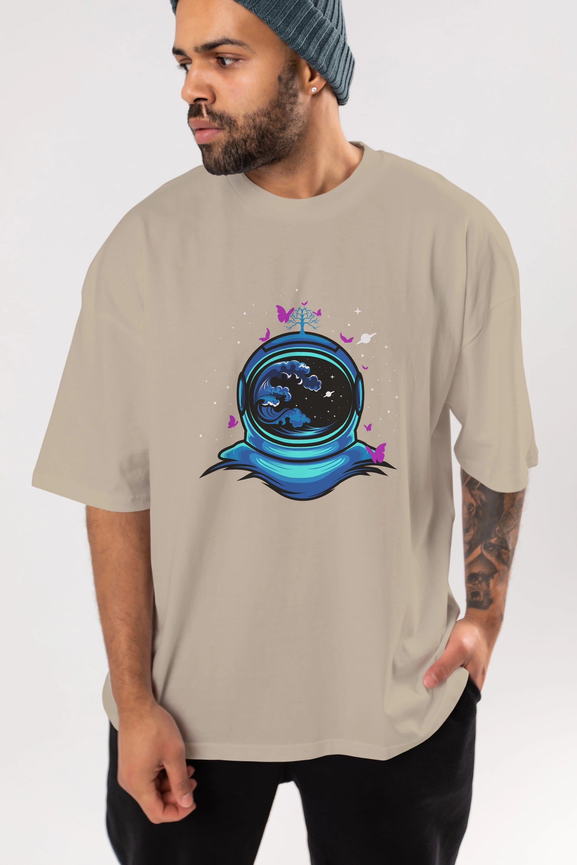 Astronaut and Butterfly Ön Baskılı Oversize t-shirt Erkek Kadın Unisex