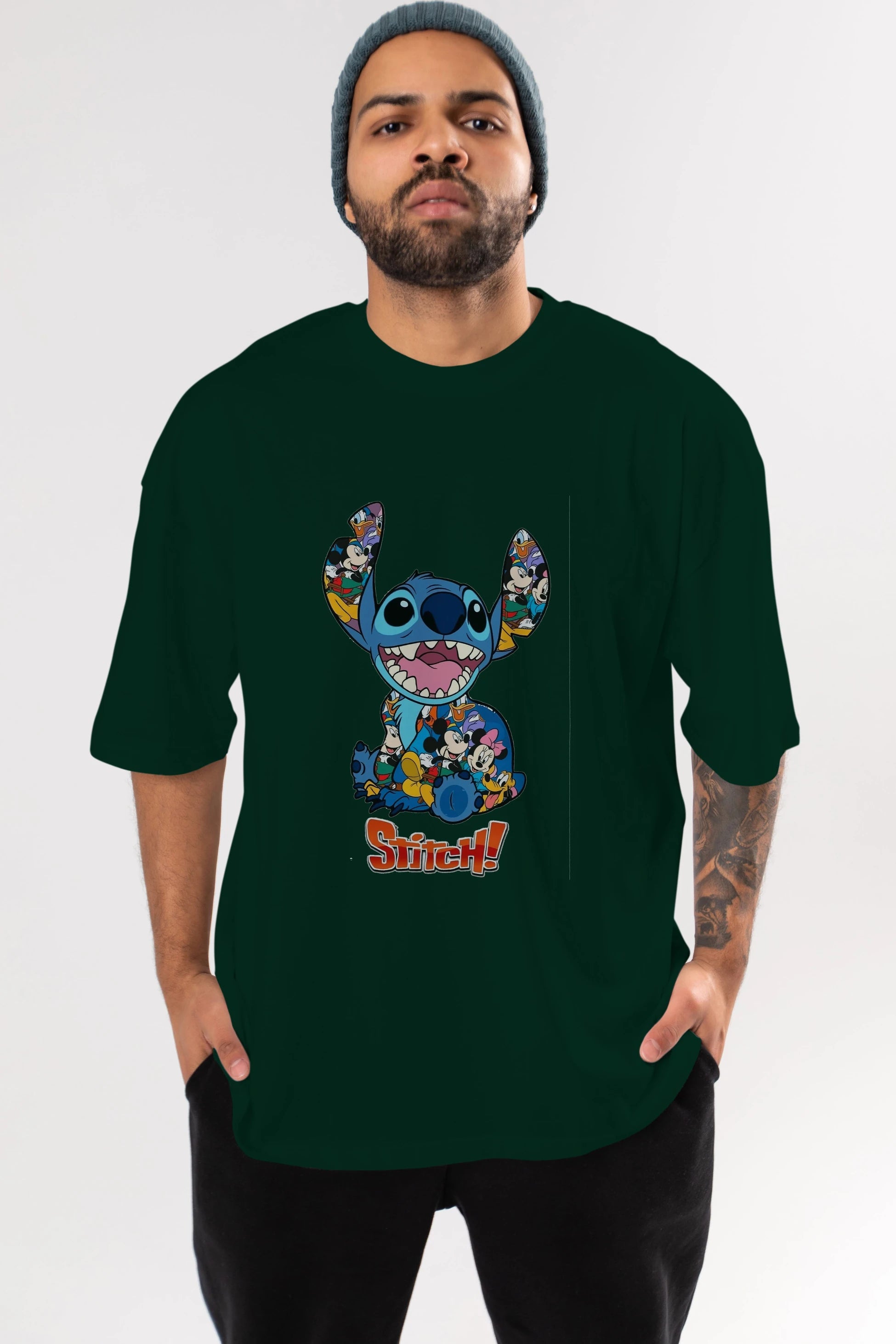Stitch Ön Baskılı Oversize t-shirt Erkek Kadın Unisex %100 Pamuk Bisiklet Yaka tişort