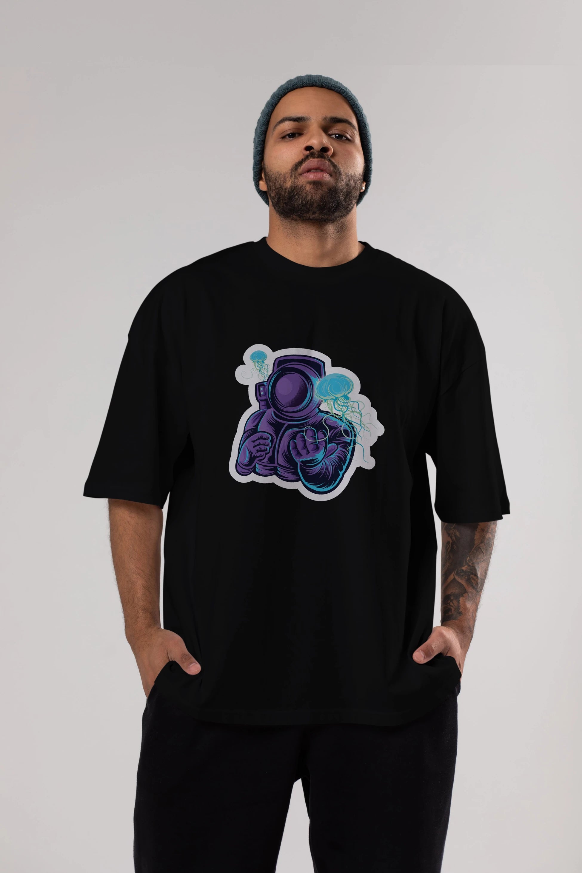 Astronaut and Jellyfish Sticker Ön Baskılı Oversize t-shirt Erkek Kadın Unisex