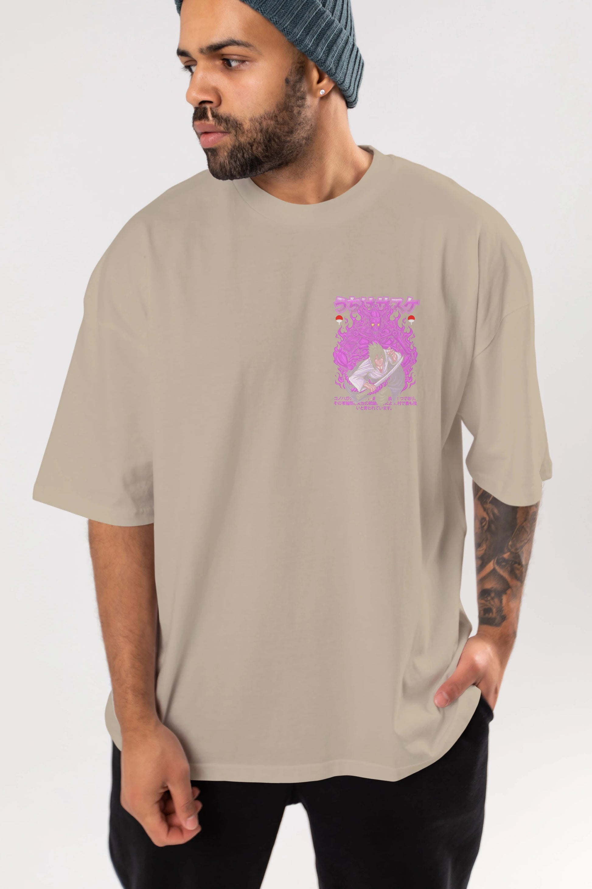 SASUKE UCHIHA NARUTO Ön Sol Baskılı Oversize t-shirt Erkek Kadın Unisex %100 Pamuk Bisiklet Yaka tişort