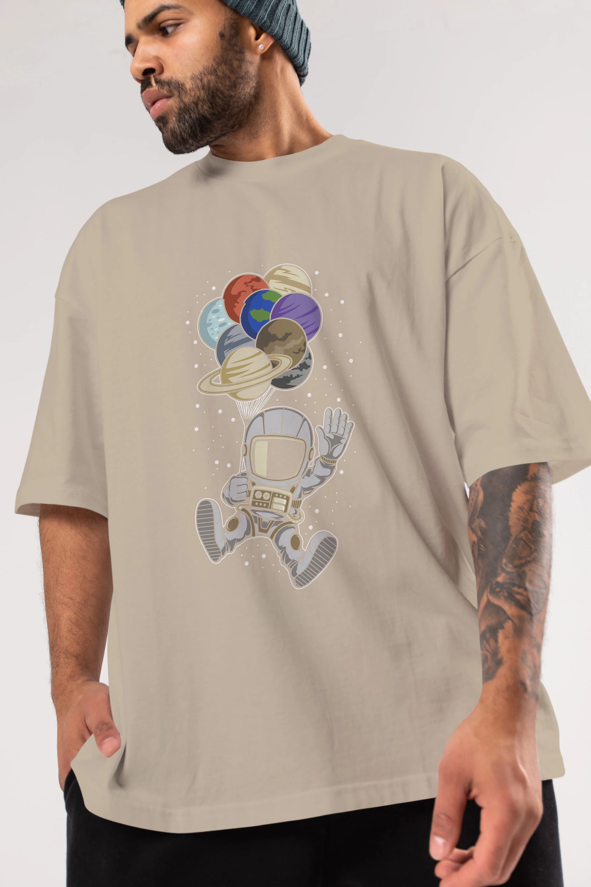 Astronaut Baloon Planets Ön Baskılı Oversize t-shirt Erkek Kadın Unisex