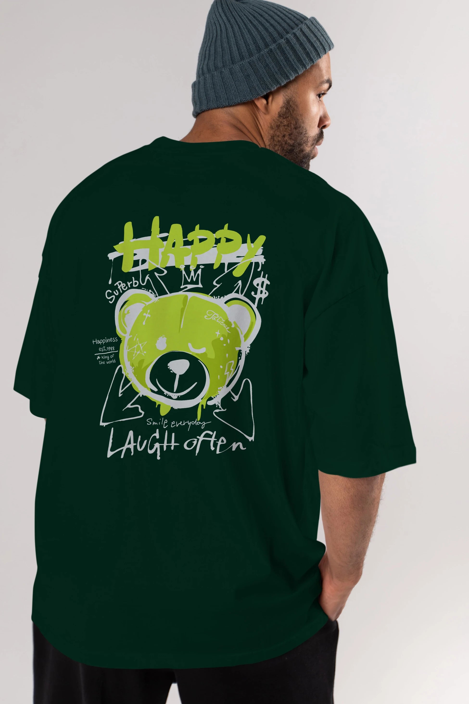 Happy Bear Arka Baskılı Oversize t-shirt Erkek Kadın Unisex