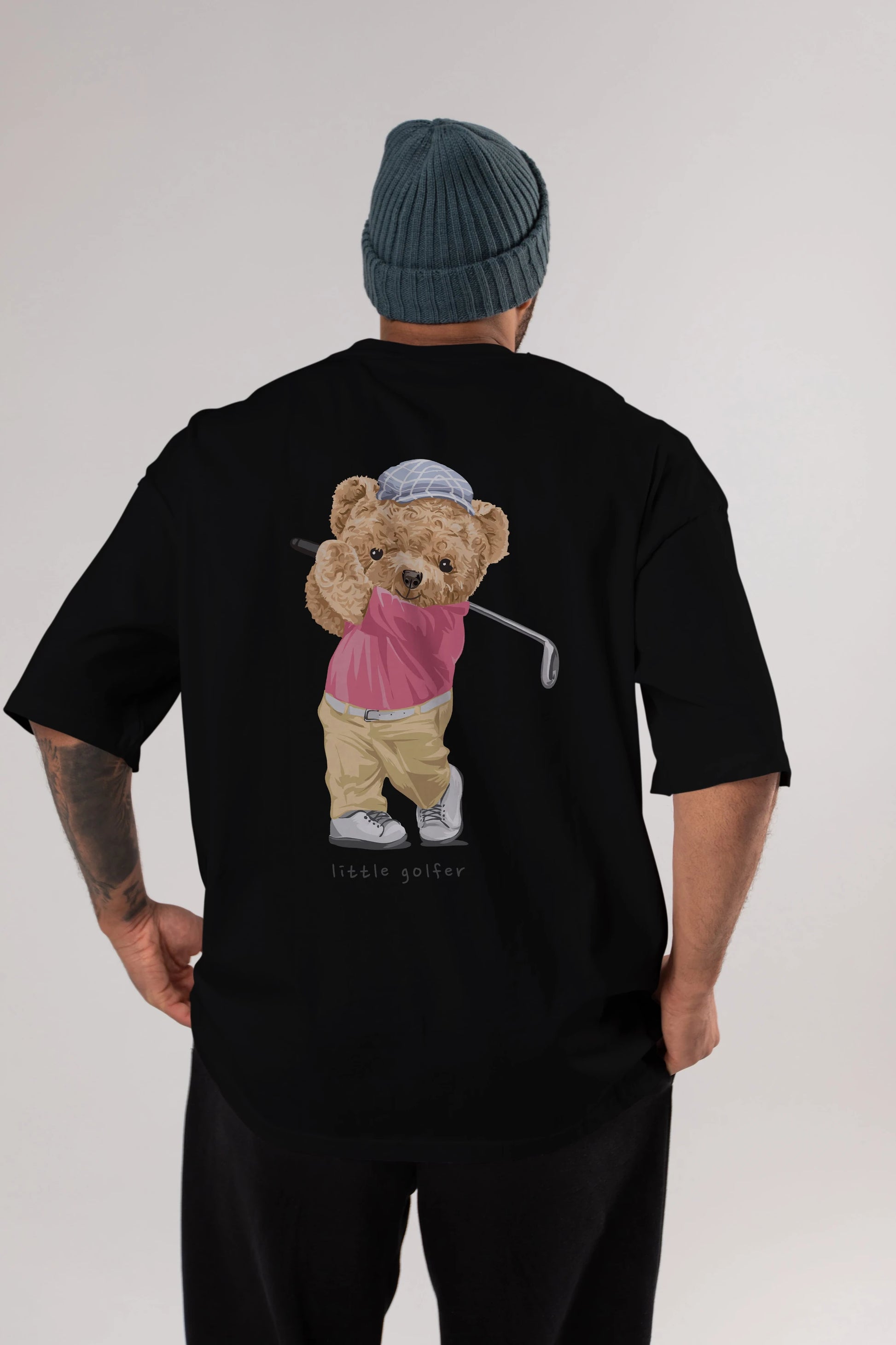 Teddy Bear Little Golfer Arka Baskılı Oversize t-shirt Erkek Kadın Unisex %100 Pamuk