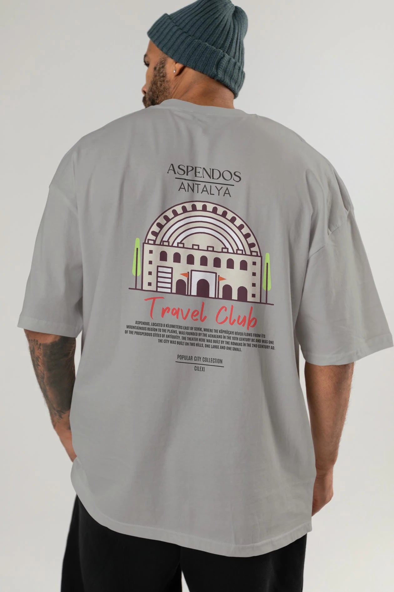 Aspendos Antalya Arka Baskılı Oversize t-shirt Erkek Kadın Pamuk Bisiklet Yaka tişort