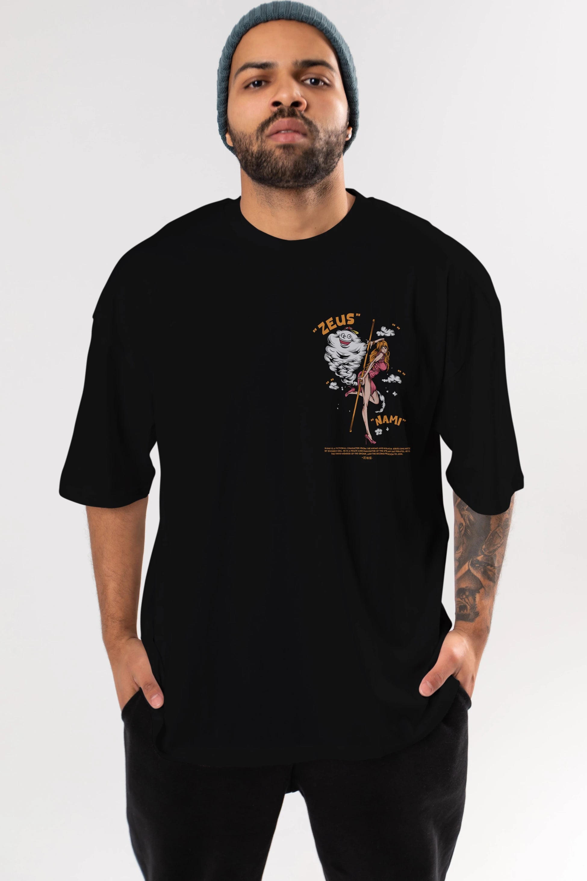 Zeus Nami Ön Sol Baskılı Oversize t-shirt Erkek Kadın Unisex %100 Pamuk Bisiklet Yaka tişort