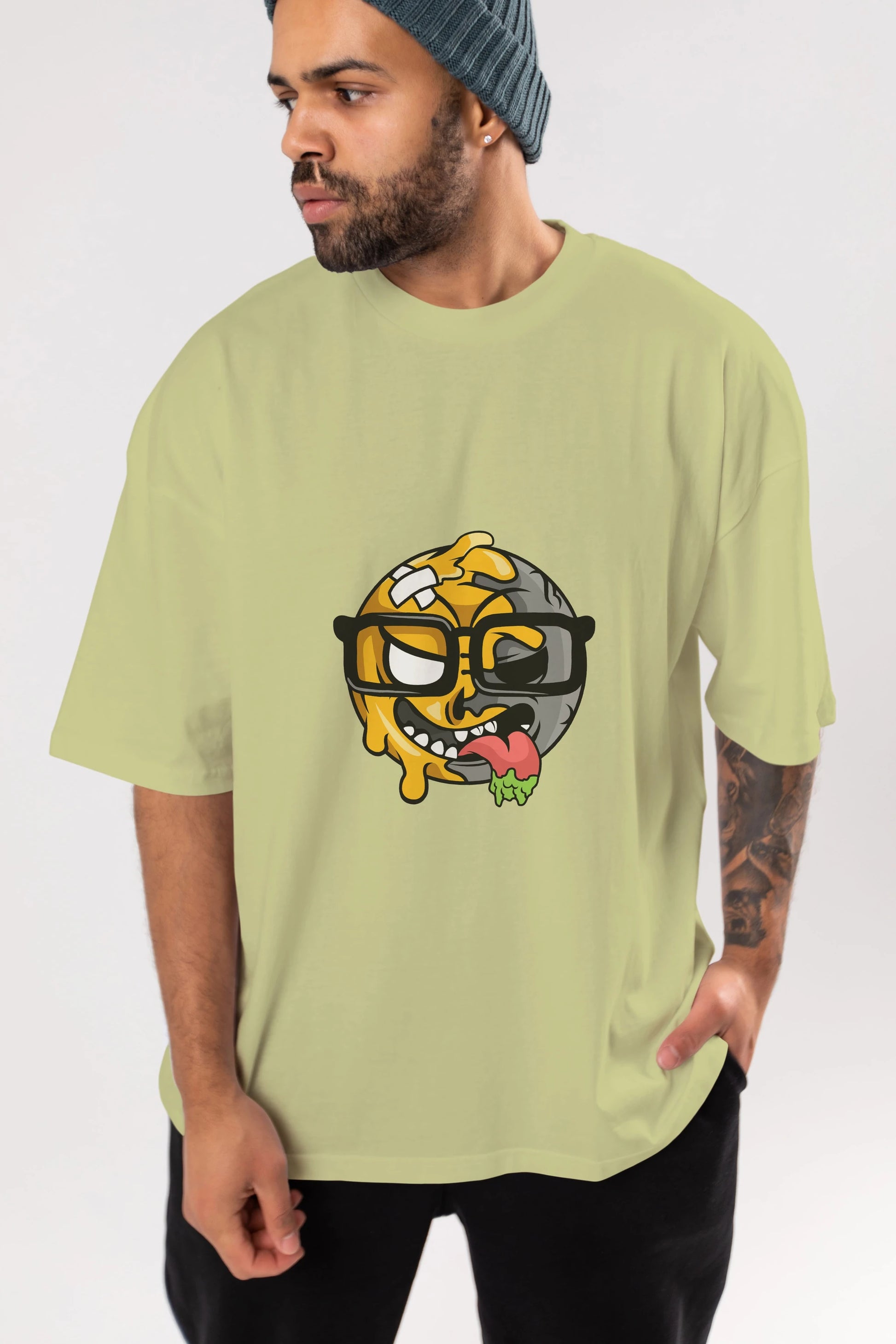 Smiley Nerd Ön Baskılı Oversize t-shirt Erkek Kadın Unisex %100 Pamuk tişort