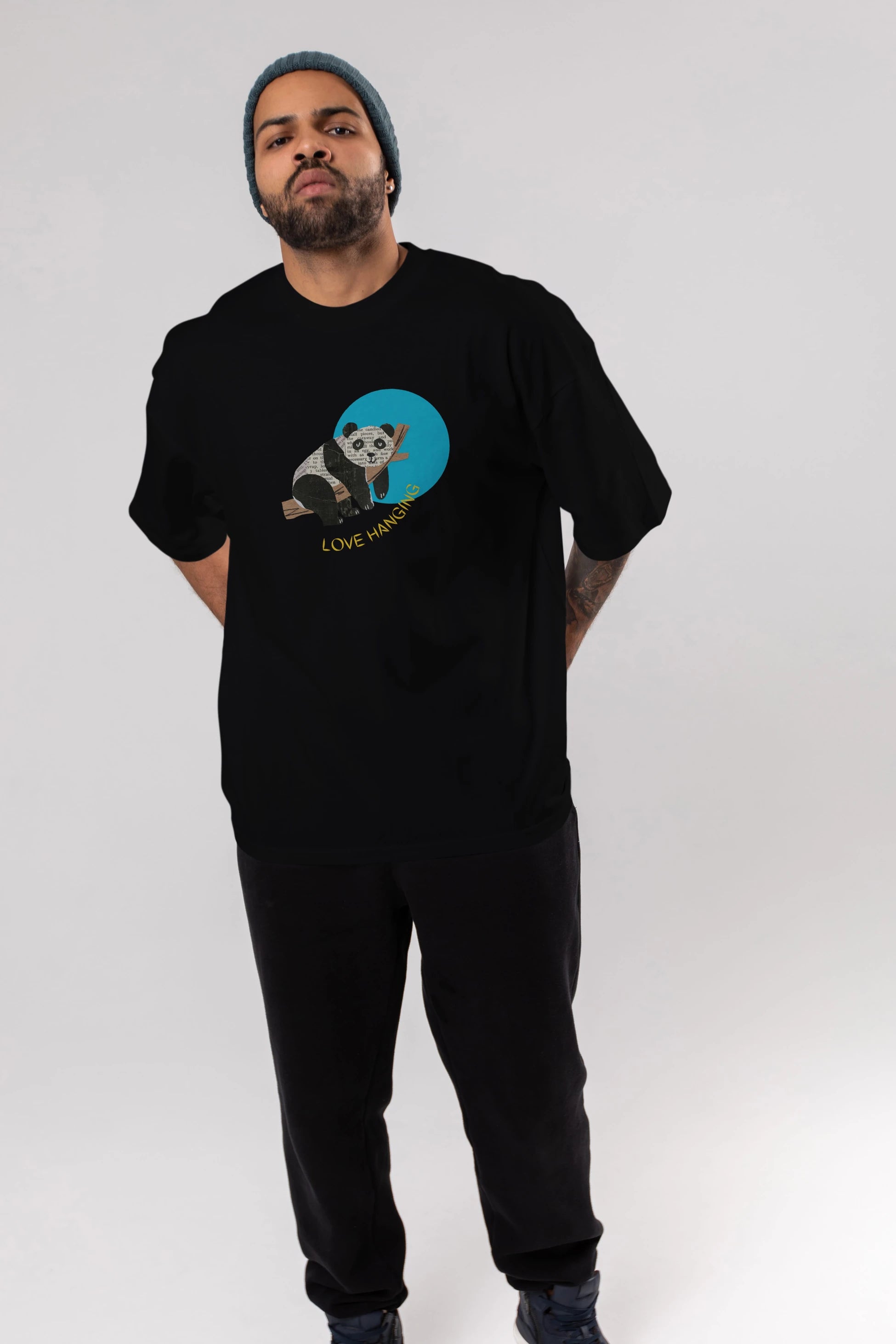 Panda Love Hanging Ön Baskılı Oversize t-shirt Erkek Kadın Unisex