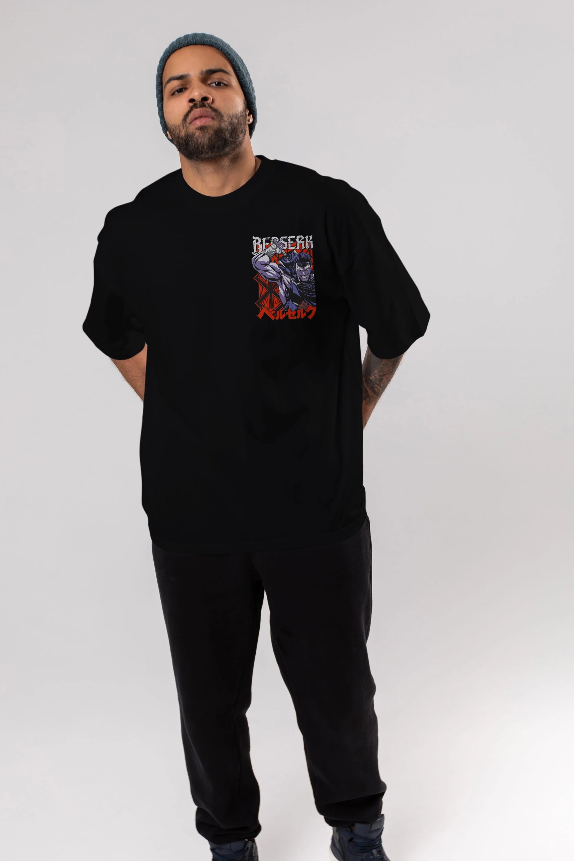GUTS berserk Ön Sol Baskılı Oversize t-shirt Erkek Kadın Unisex %100 Pamuk Bisiklet Yaka tişort