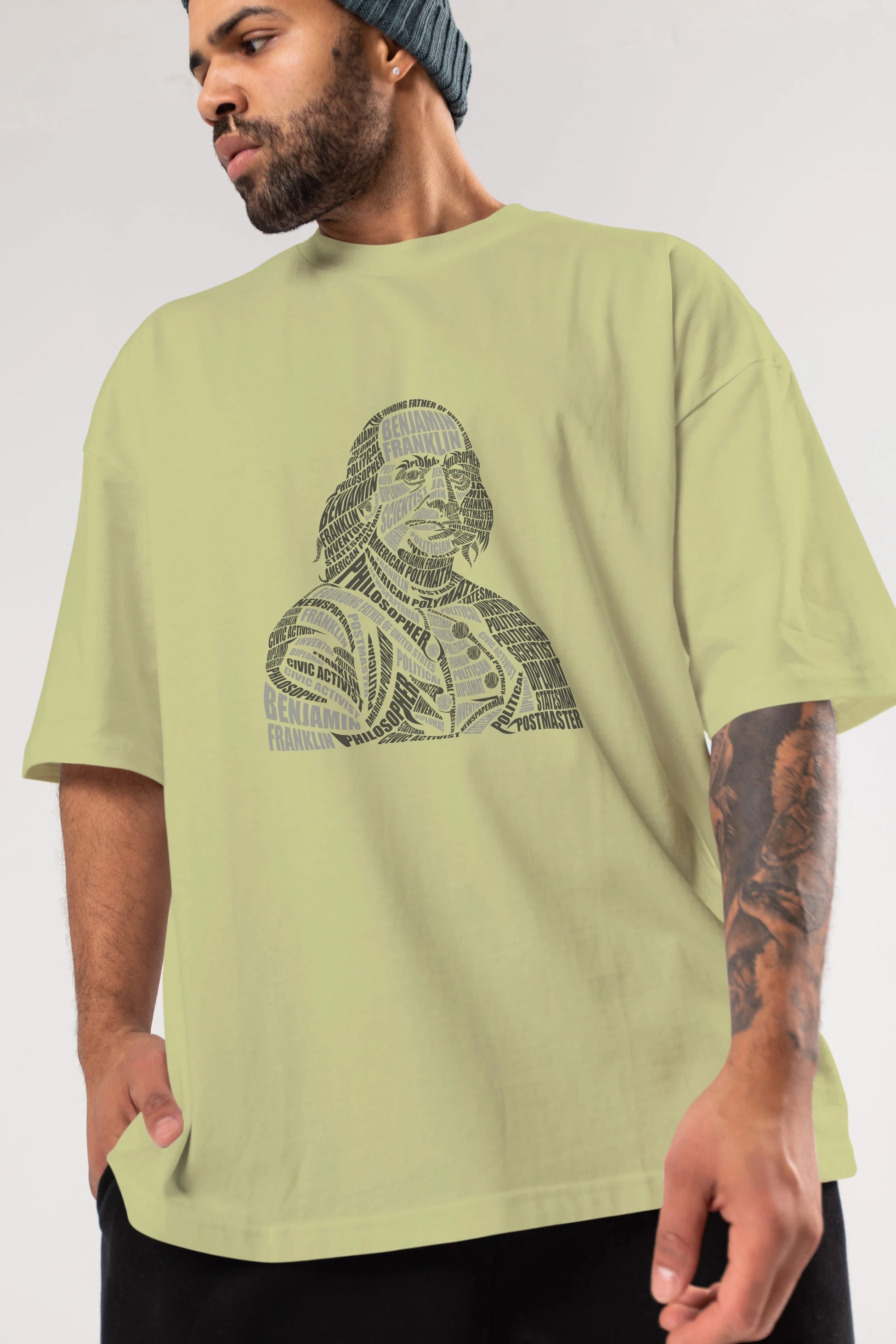 Benjamin Franklin Calligram Ön Baskılı Oversize t-shirt %100 pamuk Erkek Kadın Unisex