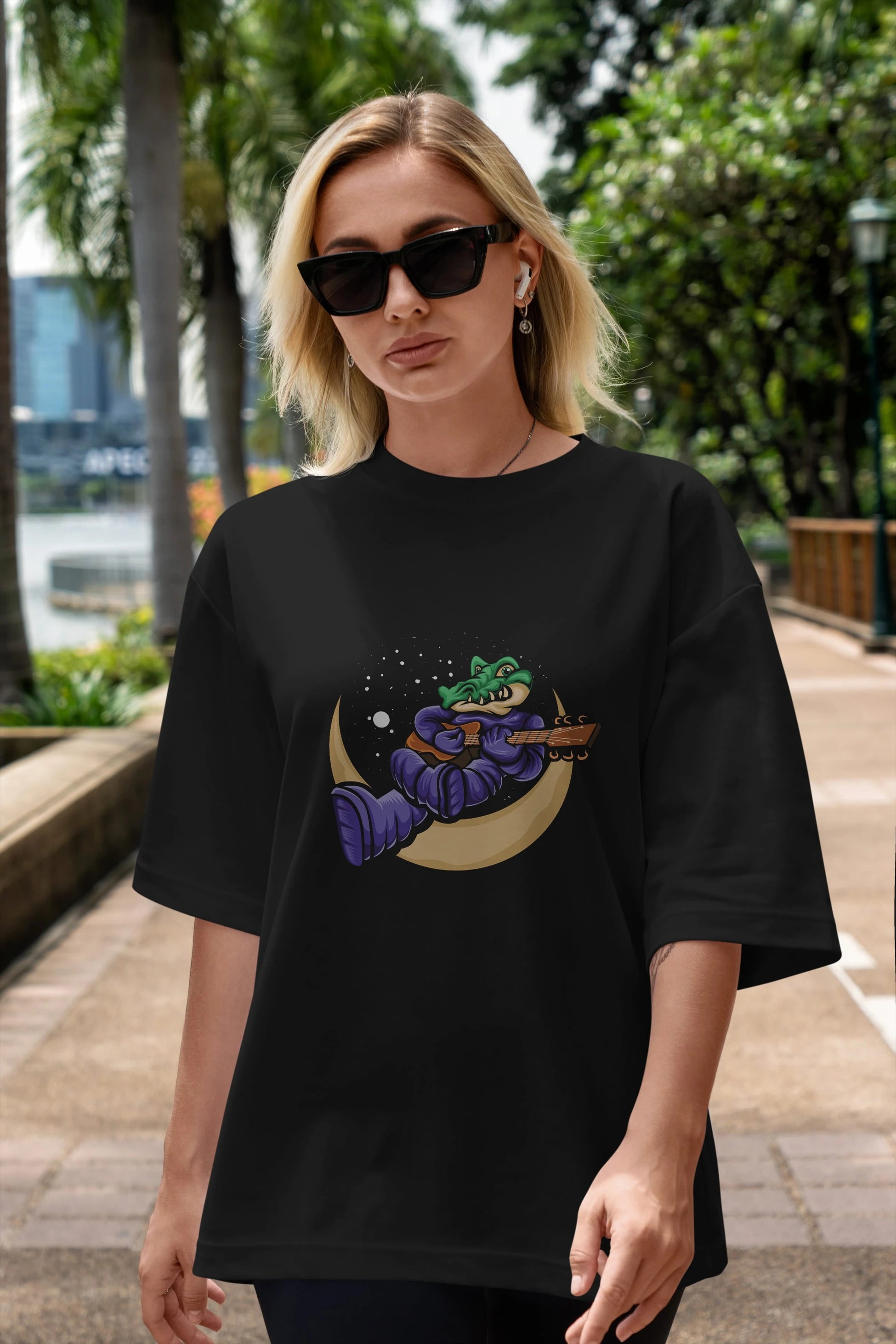 Space Crocodile Ön Baskılı Oversize t-shirt Erkek Kadın Unisex