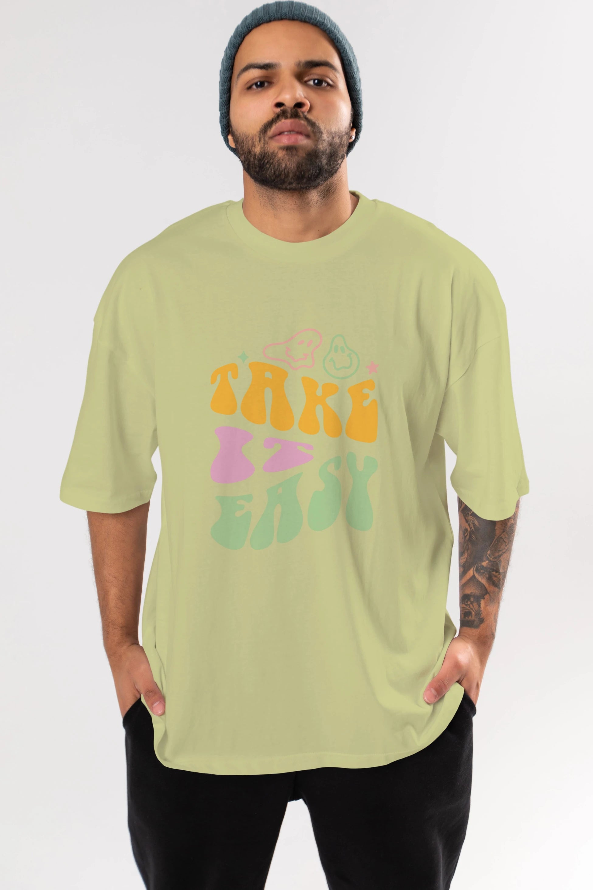 Take it Easy Yazılı Ön Baskılı Oversize t-shirt Erkek Kadın Unisex