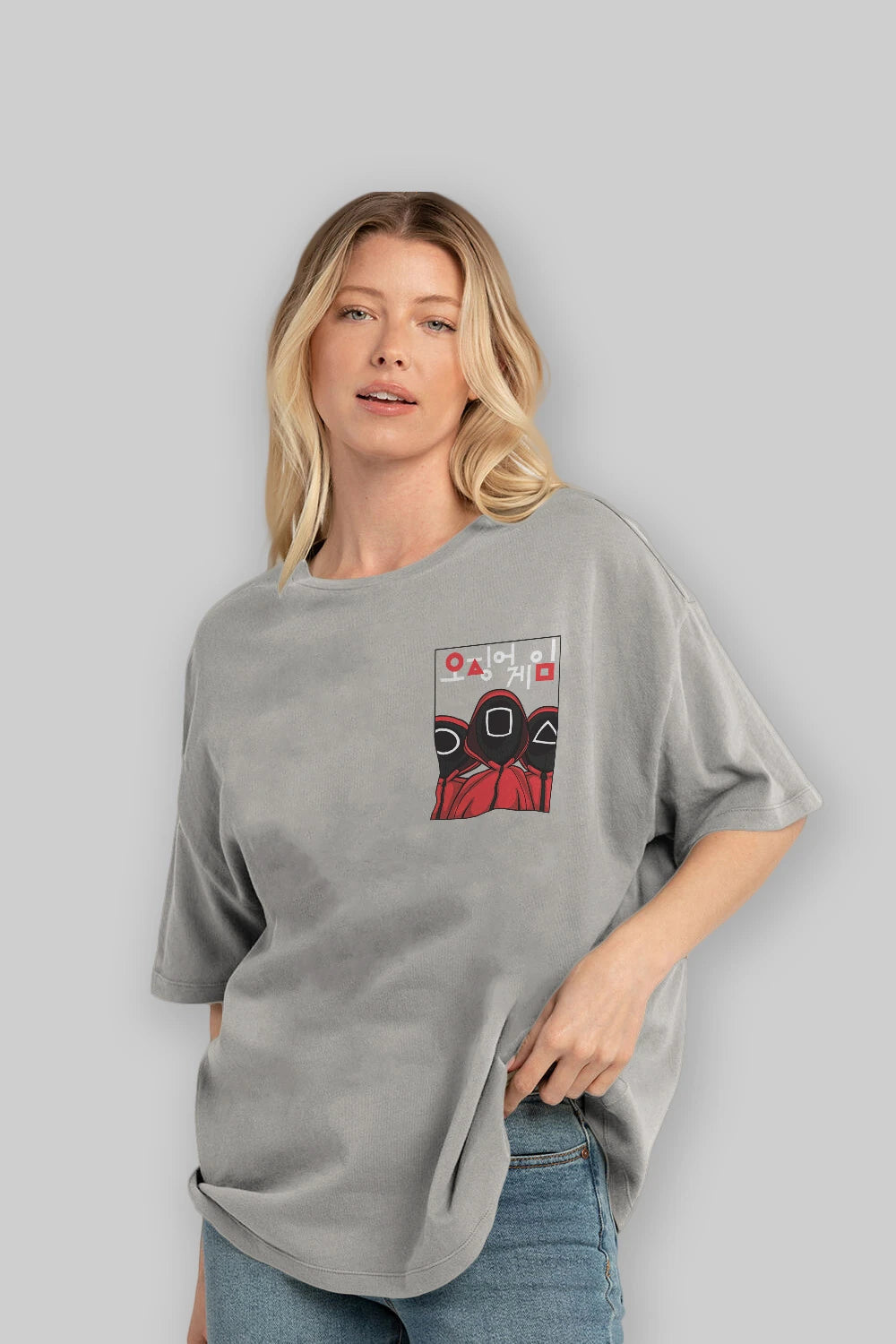Squid Game (7) Ön Sol Baskılı Oversize t-shirt Erkek Kadın Unisex %100 Pamuk Bisiklet Yaka tişort