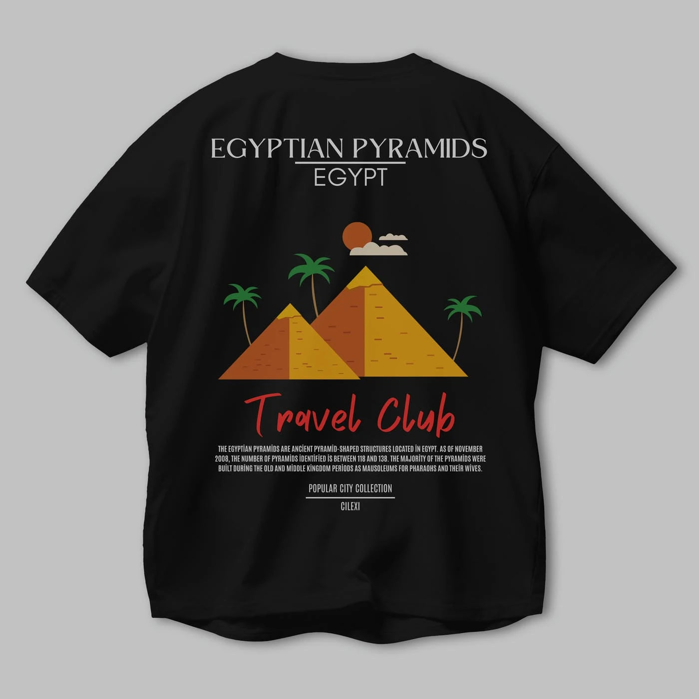 Egyptian Pyramids Egypt Arka Baskılı Oversize t-shirt Erkek Kadın Pamuk Bisiklet Yaka tişort