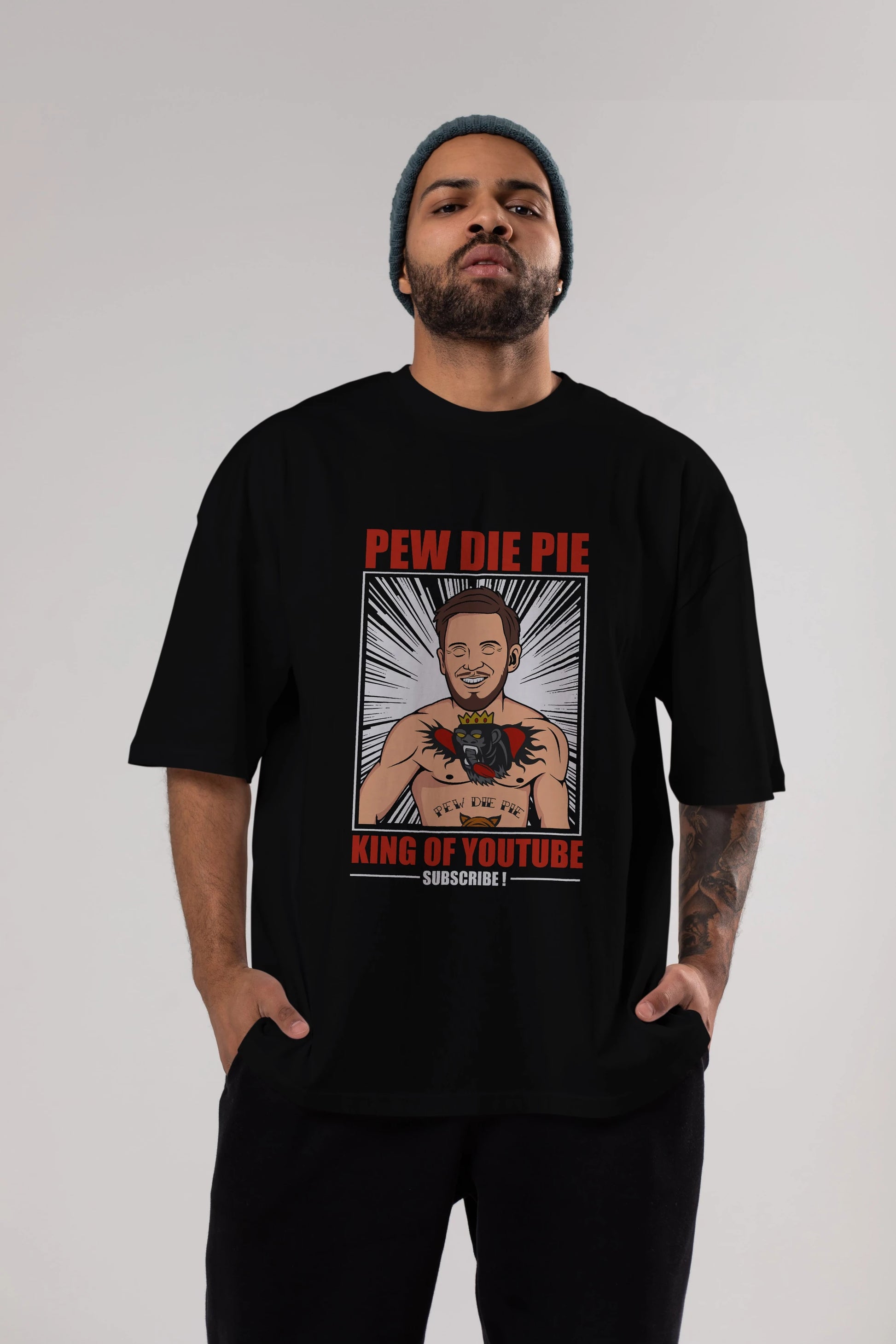 Pew Die Pie Fighter Ön Baskılı Oversize t-shirt Erkek Kadın Unisex %100 Pamuk tişort