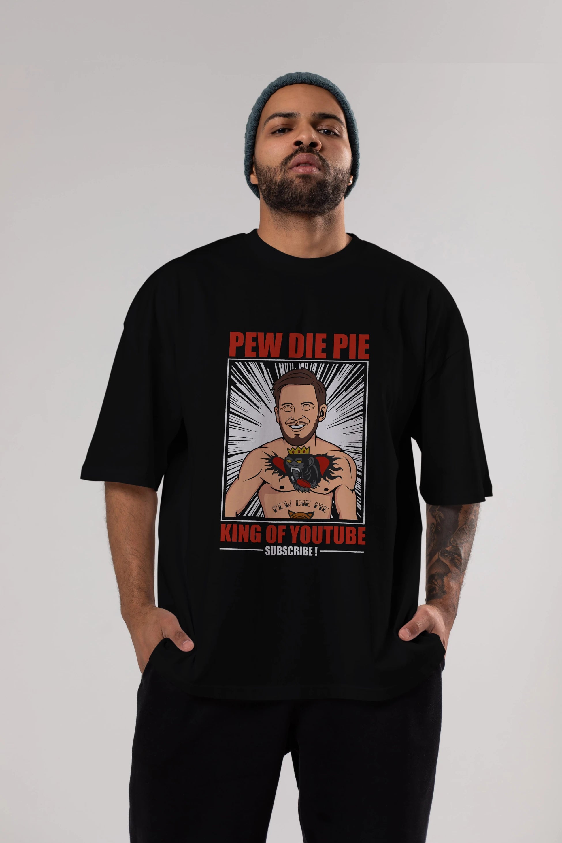 Pew Die Pie Fighter Ön Baskılı Oversize t-shirt Erkek Kadın Unisex %100 Pamuk tişort