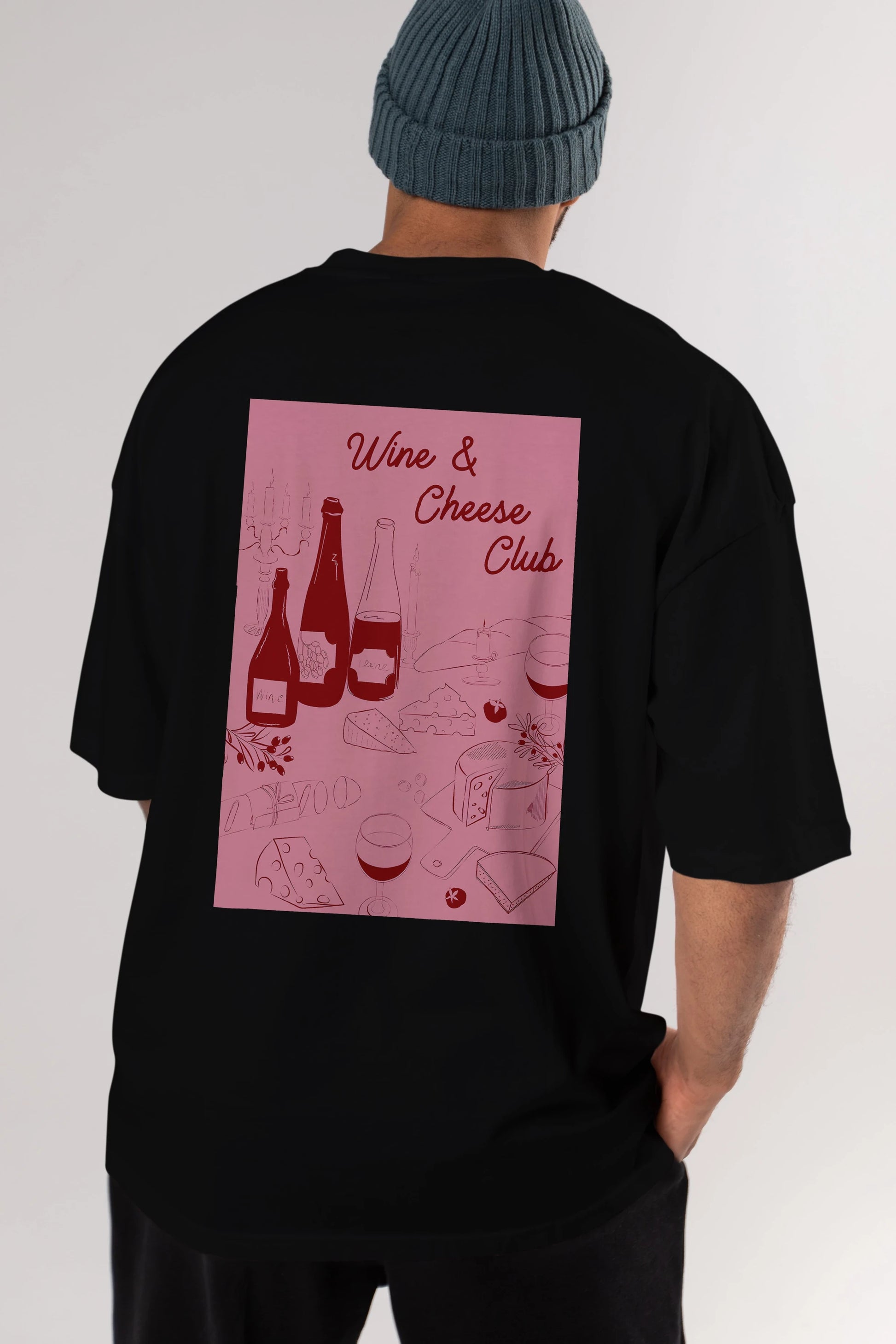 Wine Cheese Club Arka Baskılı Oversize t-shirt Erkek Kadın Unisex %100 Pamuk Bisiklet Yaka tişort