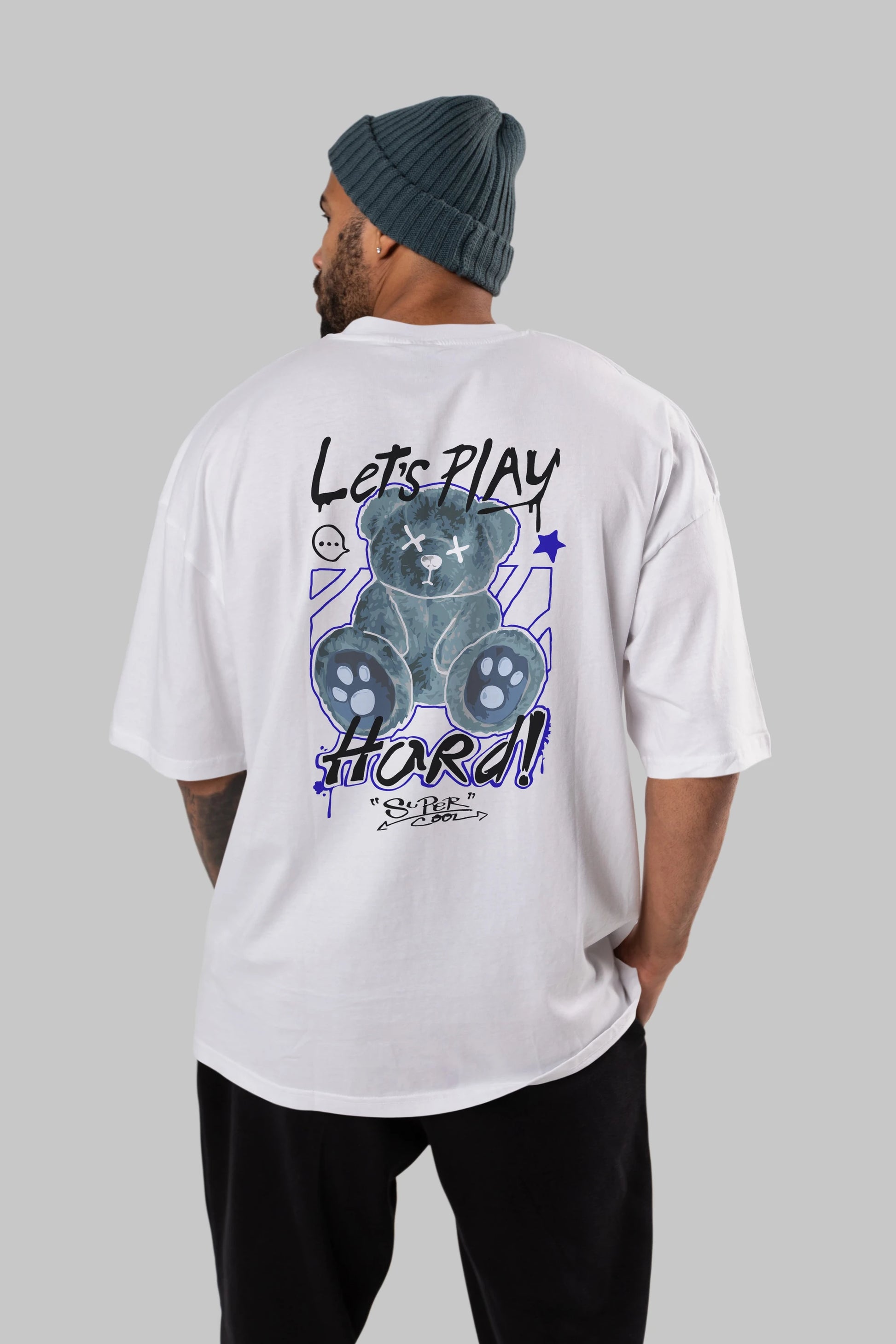 Lets Play Hard Bear Arka Baskılı Oversize t-shirt Erkek Kadın Unisex
