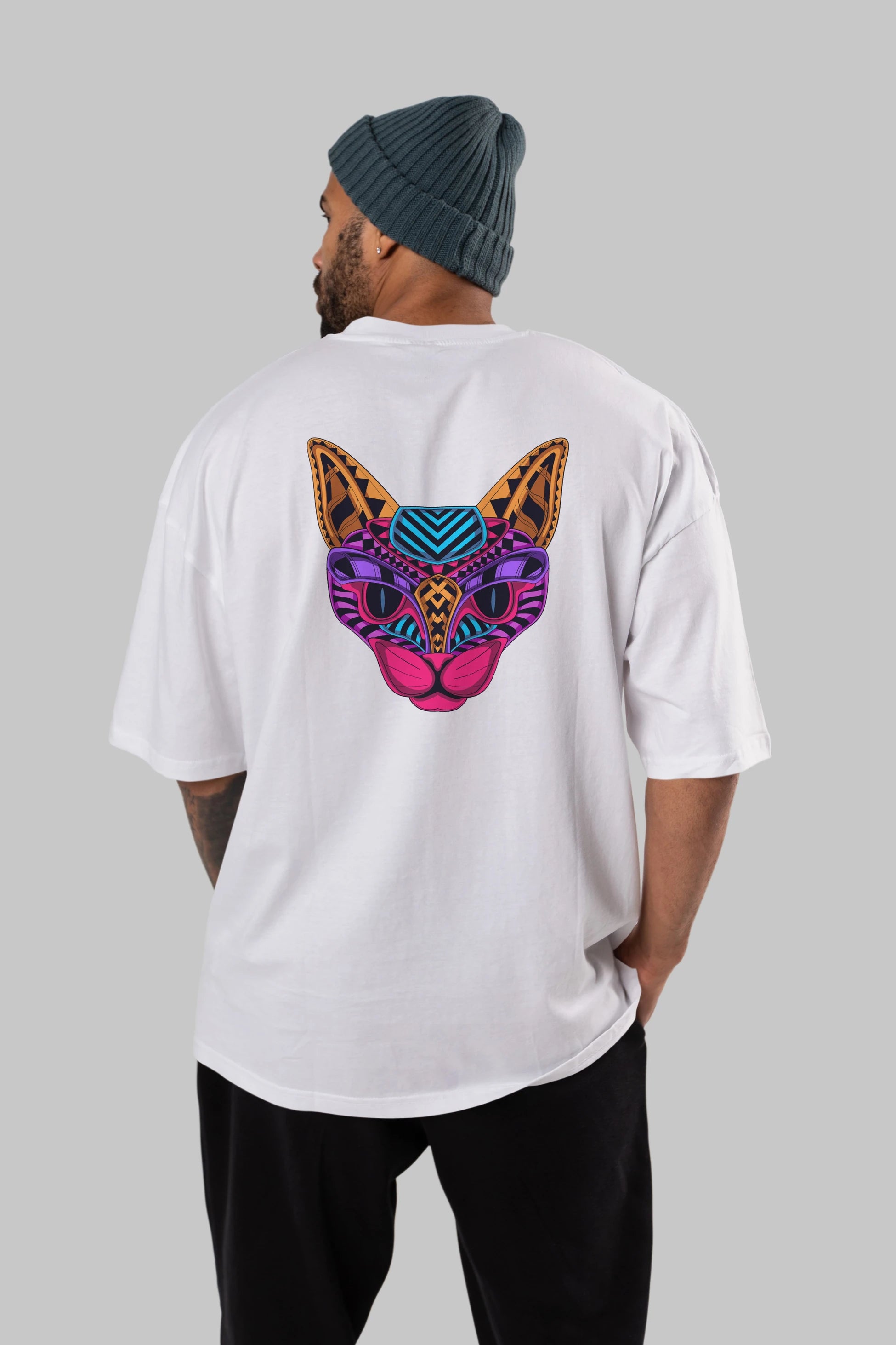 Black Neon Cat Arka Baskılı Oversize t-shirt Erkek Kadın Unisex