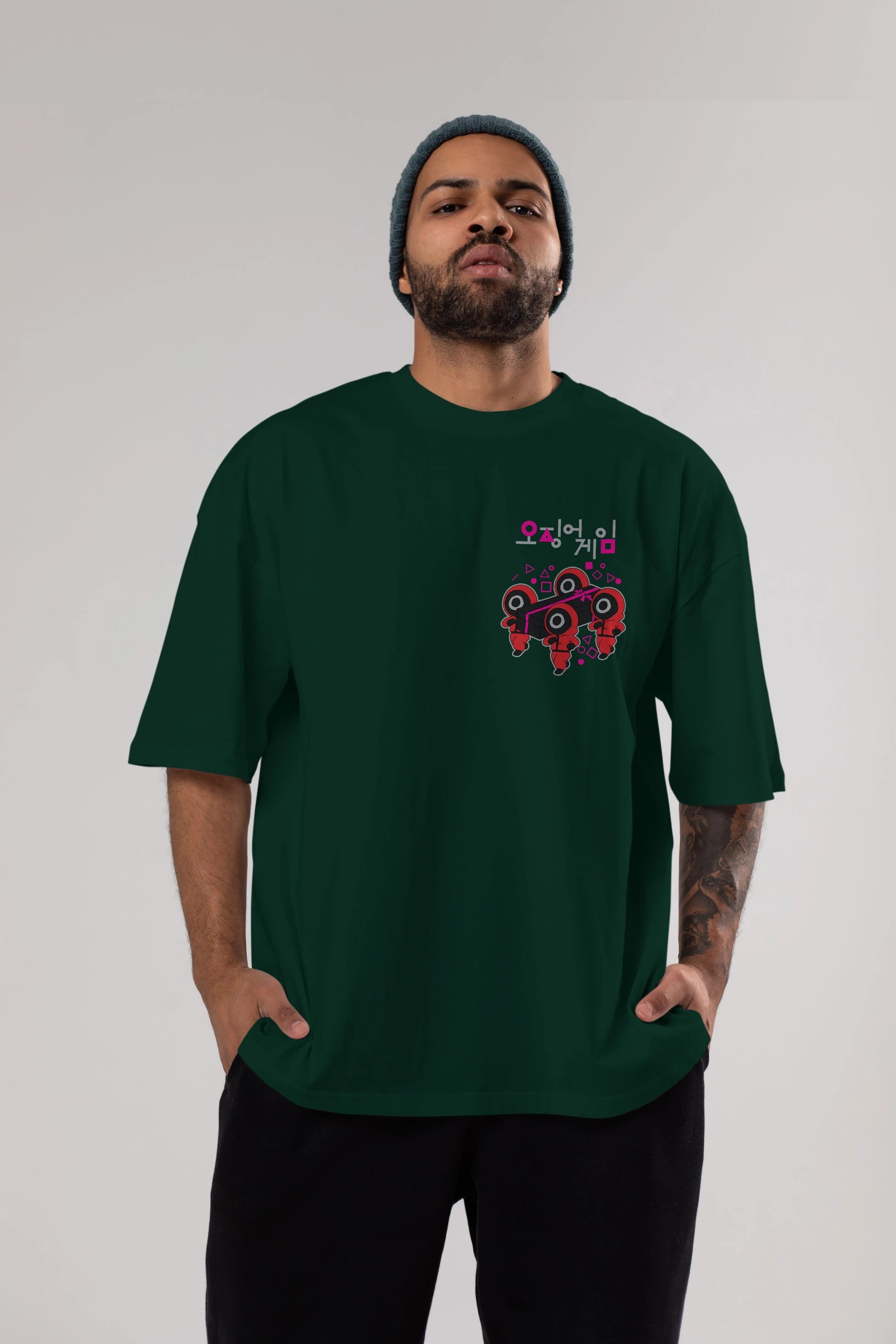 Squid Game (6) Ön Sol Baskılı Oversize t-shirt Erkek Kadın Unisex %100 Pamuk Bisiklet Yaka tişort