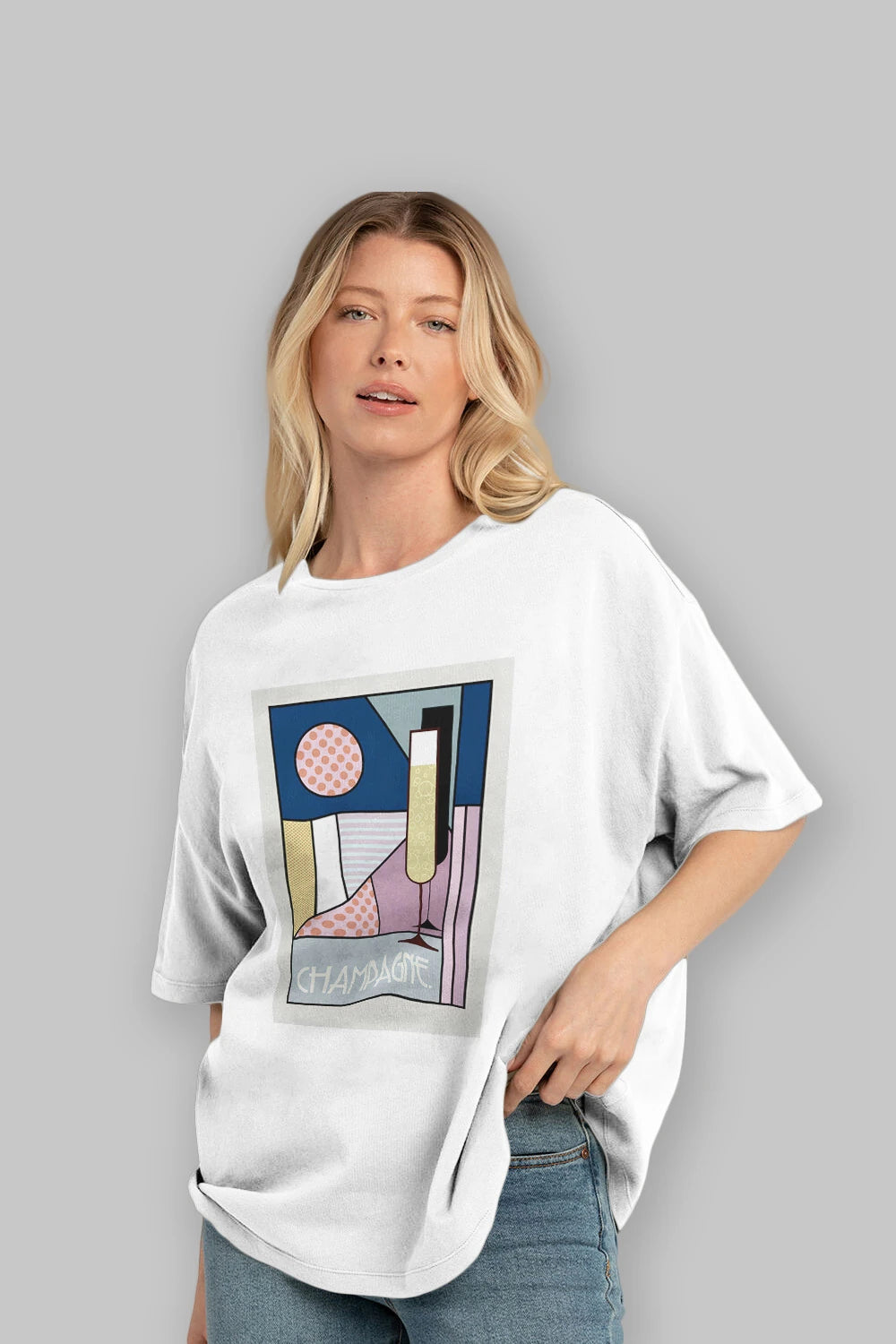 Champagne Ön Baskılı Oversize t-shirt Erkek Kadın Unisex %100 Pamuk Bisiklet Yaka tişort