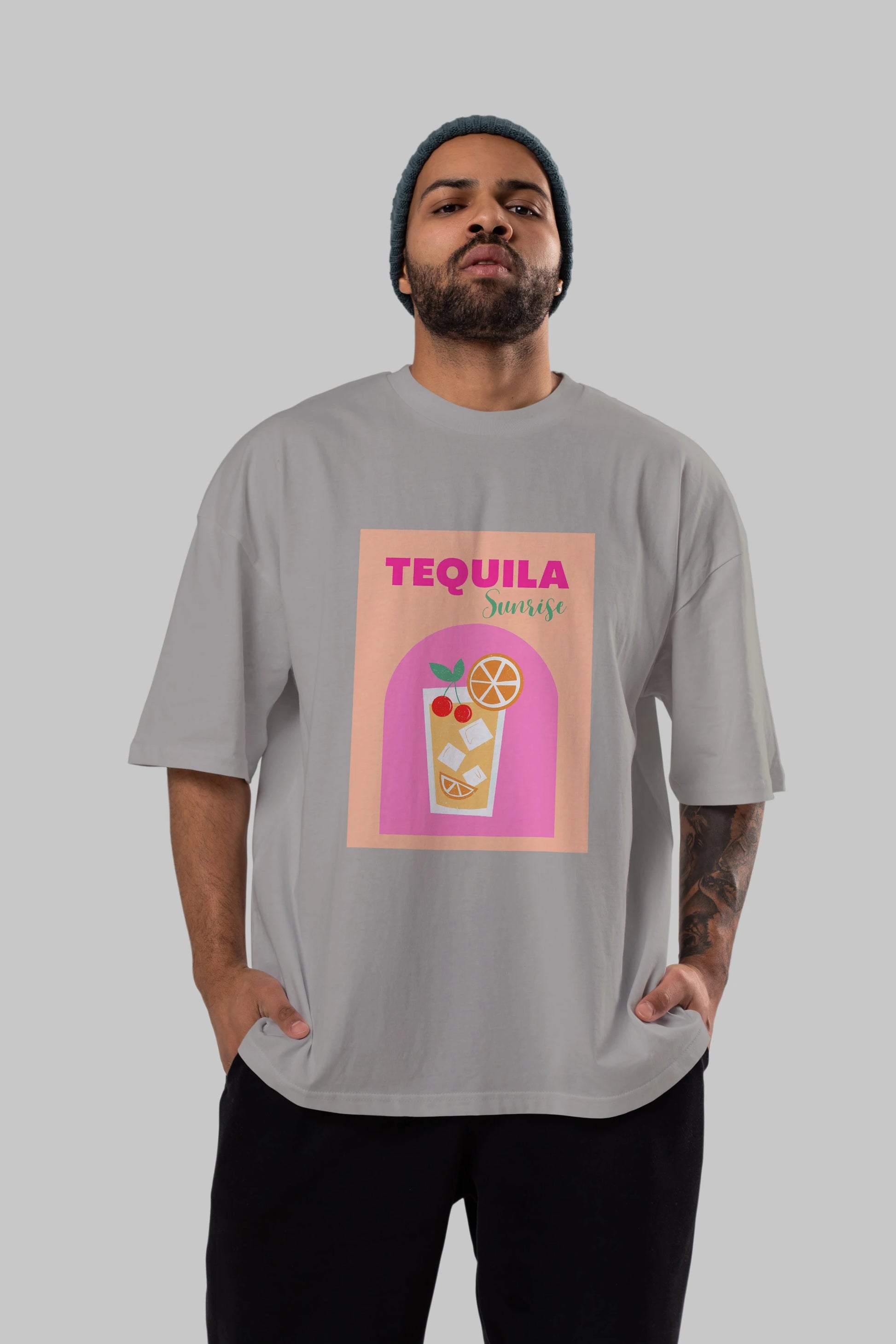 Tequila Sunrise 2 Ön Baskılı Oversize t-shirt Erkek Kadın Unisex %100 Pamuk Bisiklet Yaka tişort