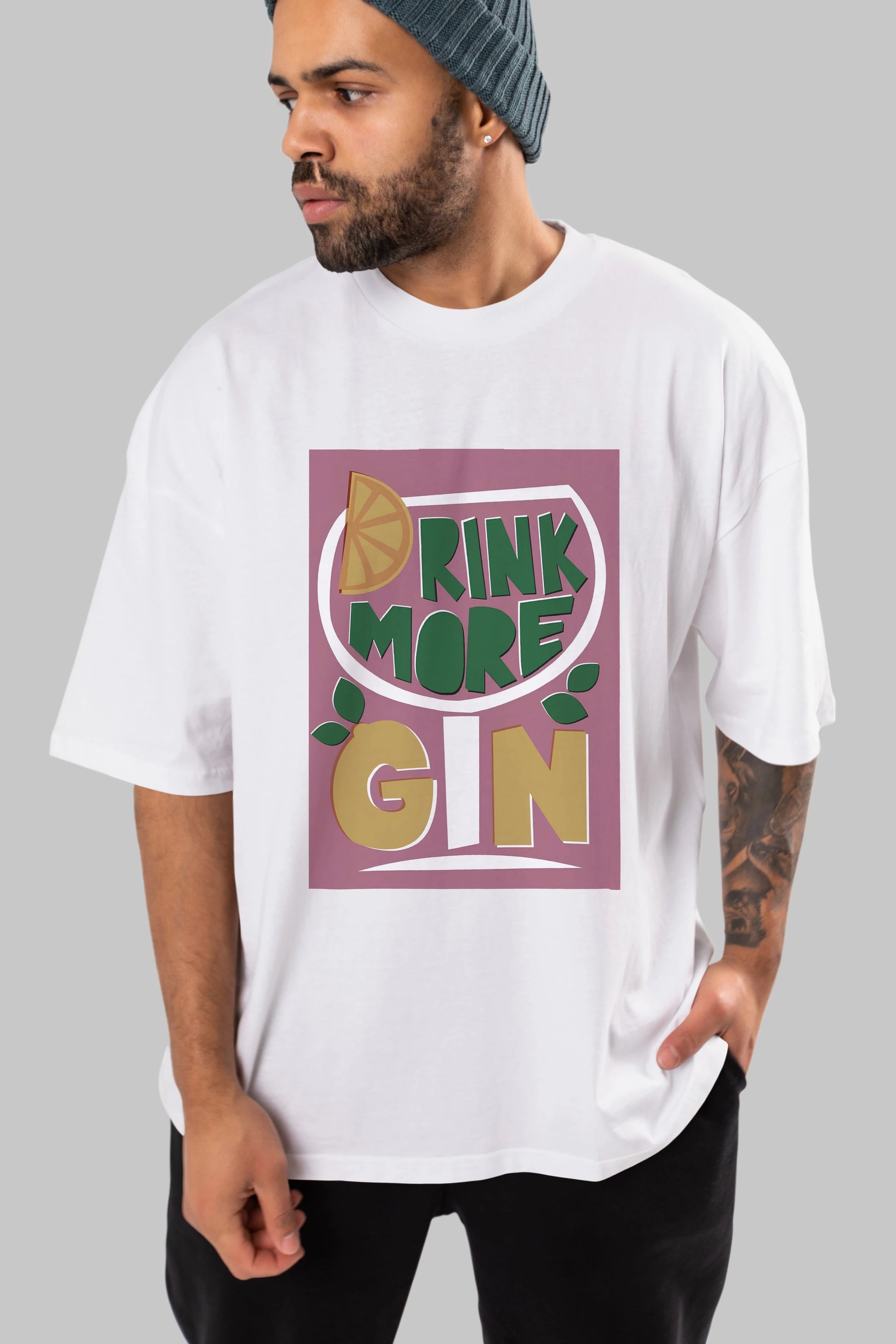 Drink More Gin Ön Baskılı Oversize t-shirt Erkek Kadın Unisex %100 Pamuk Bisiklet Yaka tişort