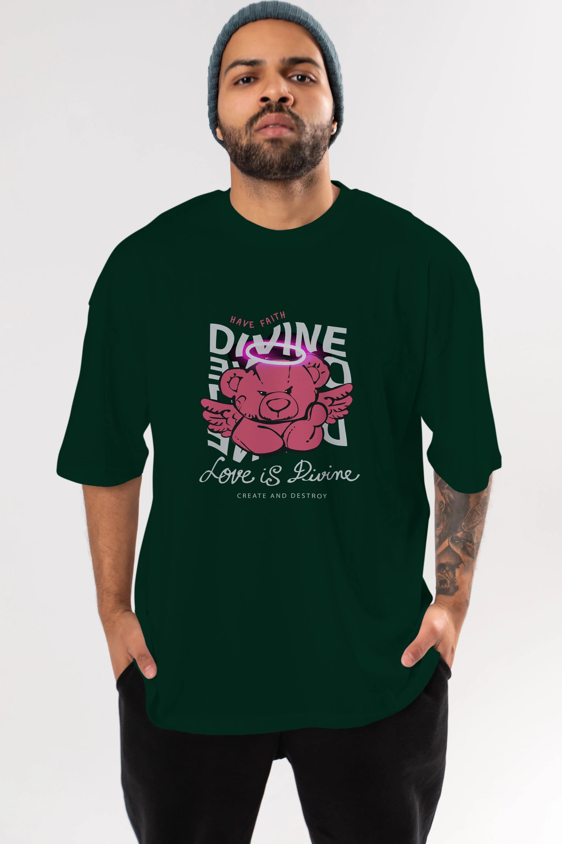 Love is Divine Bear Ön Baskılı Oversize t-shirt Erkek Kadın Unisex