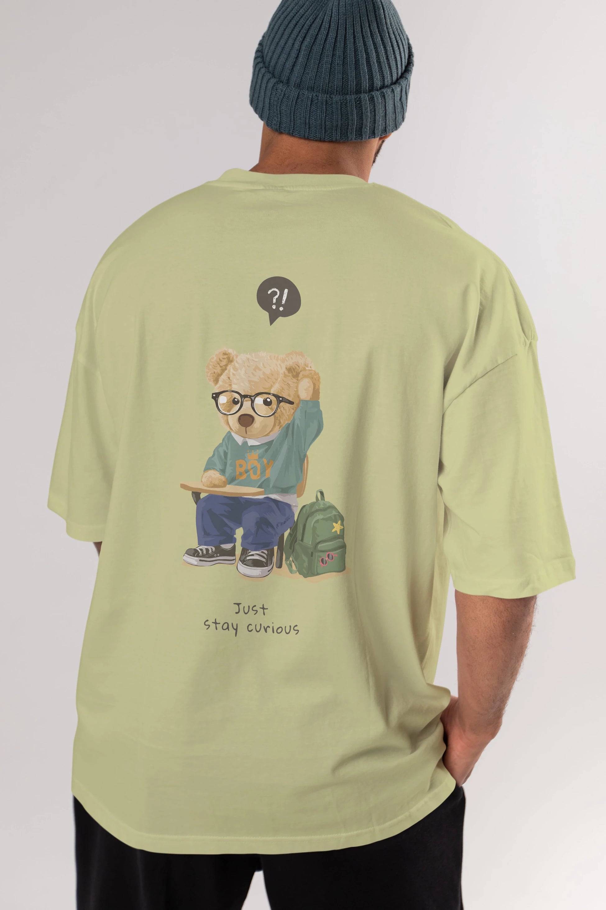 Teddy Bear Just Stay Curious Arka Baskılı Oversize t-shirt Erkek Kadın Unisex %100 Pamuk