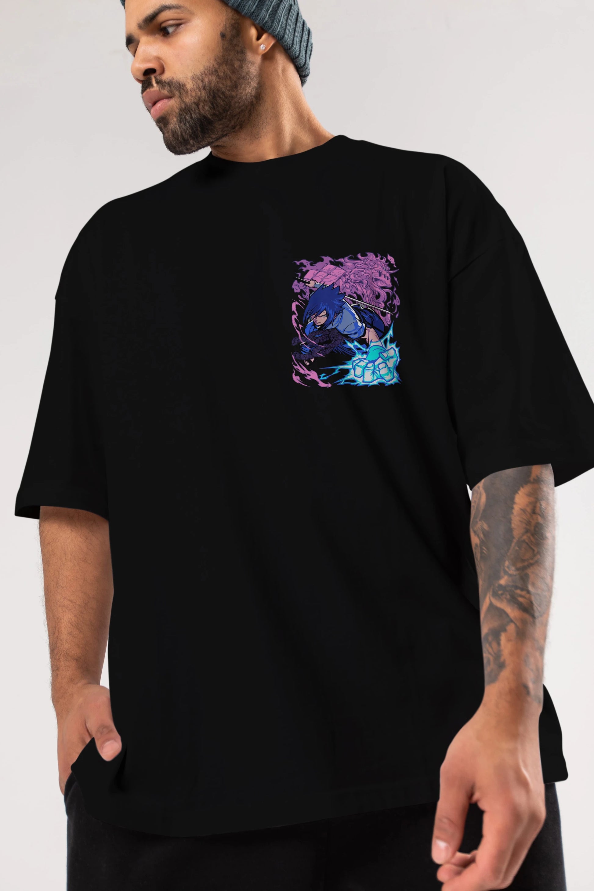 NARUTO SASUKE UCHIHA 2 Ön Sol Baskılı Oversize t-shirt Erkek Kadın Unisex %100 Pamuk Bisiklet Yaka tişort