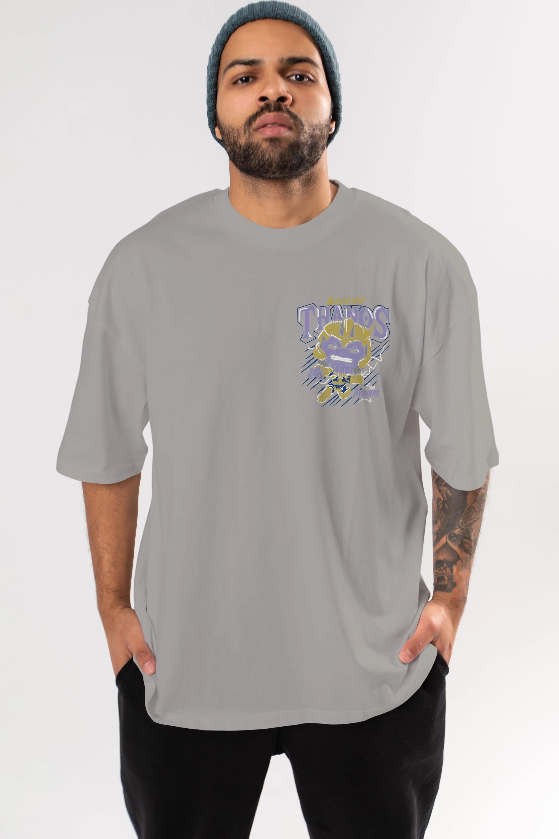 Thanos (2) Ön Sol Baskılı Oversize t-shirt Erkek Kadın Unisex %100 Pamuk Bisiklet Yaka tişort