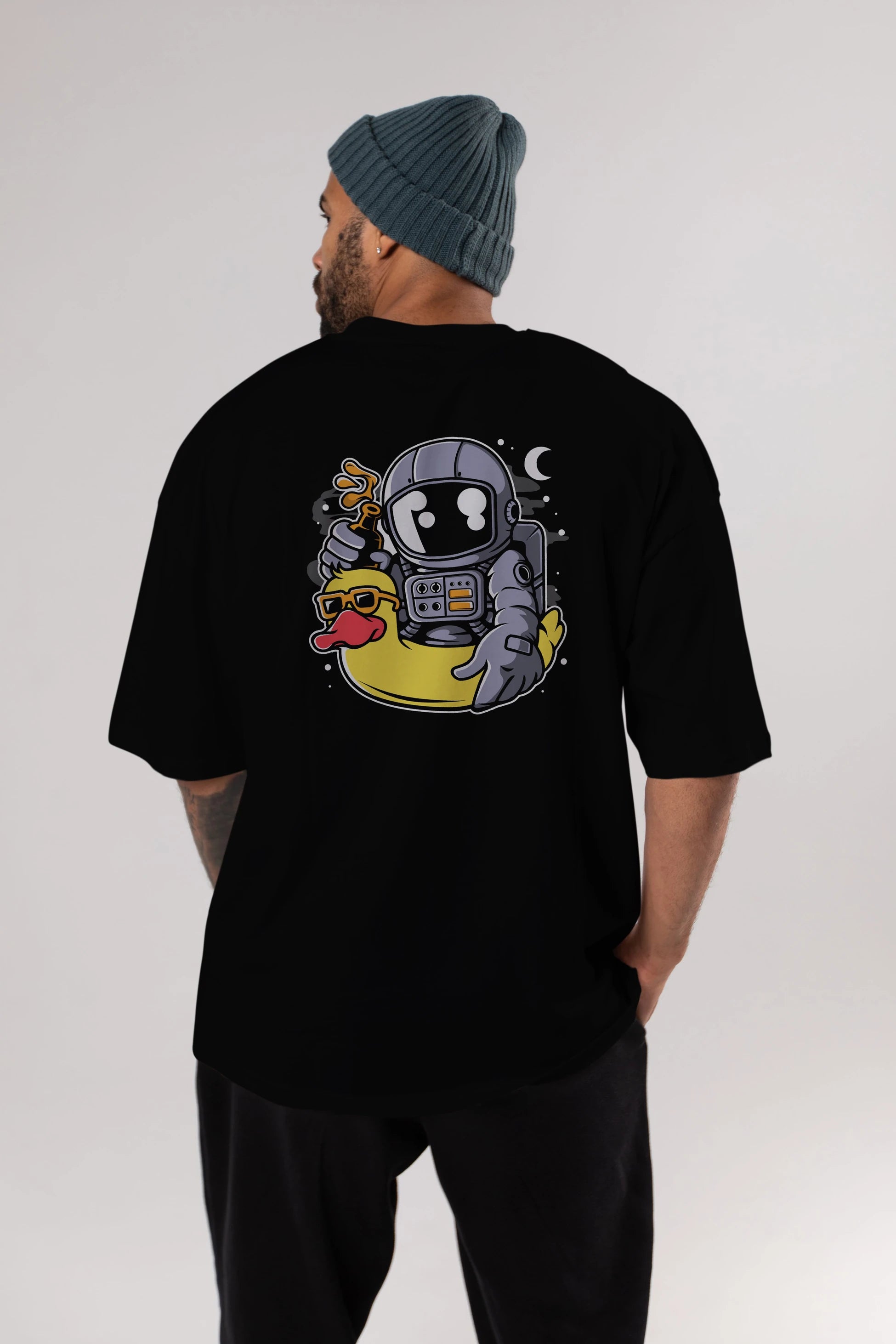 Astronaut Duck Balloon Arka Baskılı Oversize t-shirt Erkek Kadın Unisex