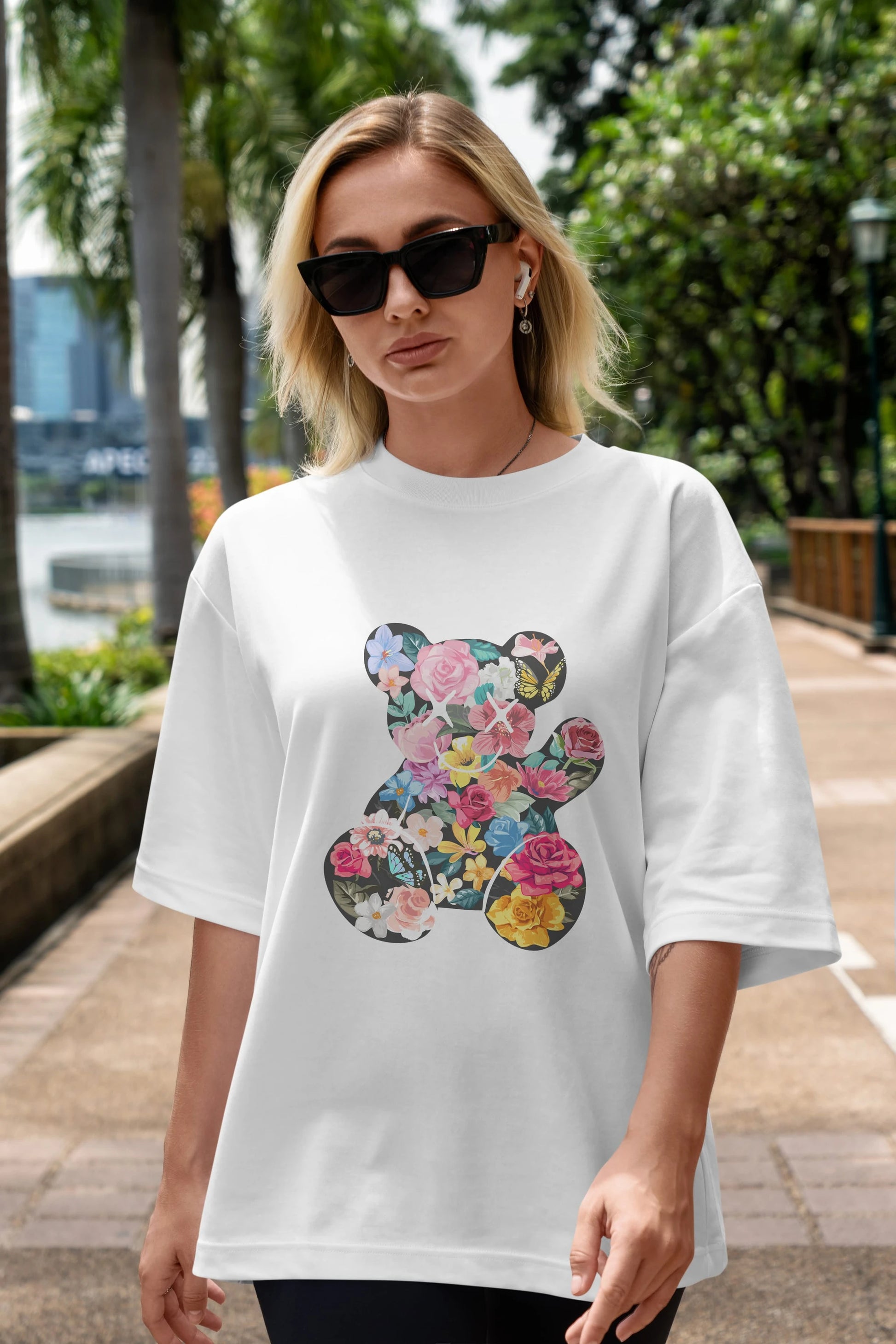Flowers Bear Ön Baskılı Oversize t-shirt Erkek Kadın Unisex