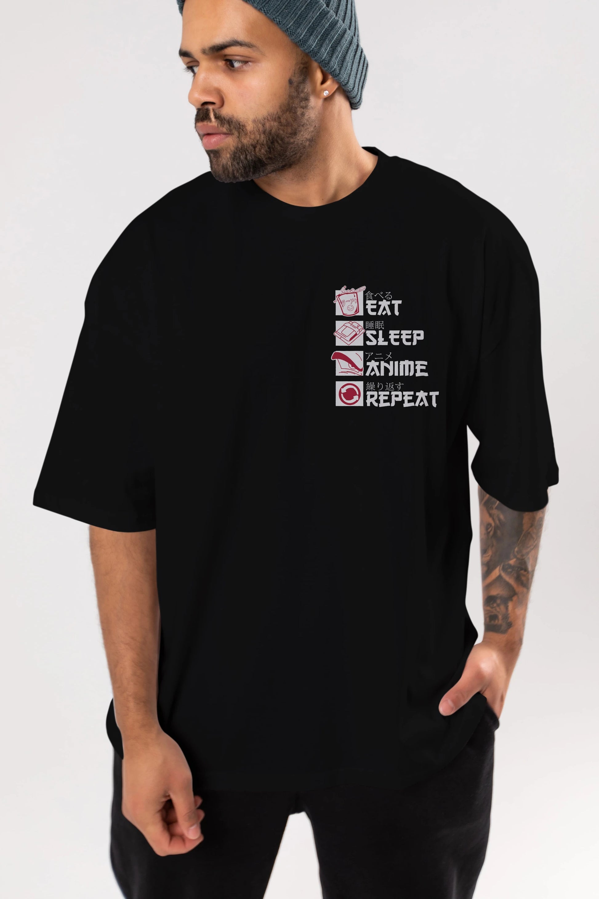 Eat, Sleep, Anime, Repeat Ön Sol Baskılı Oversize t-shirt Erkek Kadın Unisex %100 Pamuk Bisiklet Yaka tişort