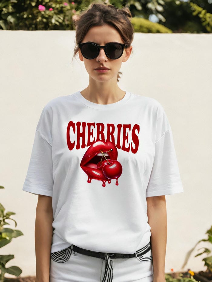 Cherry Cherries 2 Ön Baskılı Oversize t-shirt Erkek Kadın Pamuk Bisiklet Yaka tişort