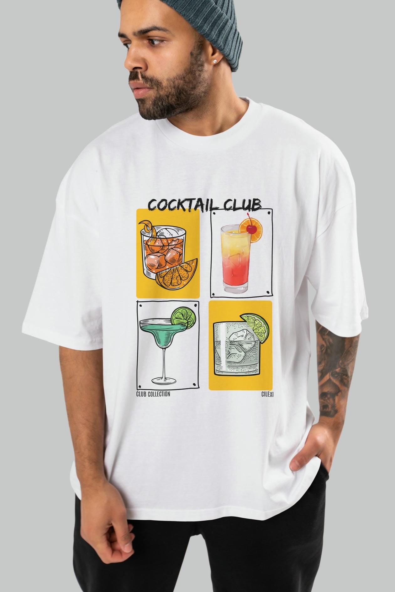 Cocktail Club ön Baskılı Oversize t-shirt Erkek Kadın %100 Pamuk Bisiklet Yaka tişort