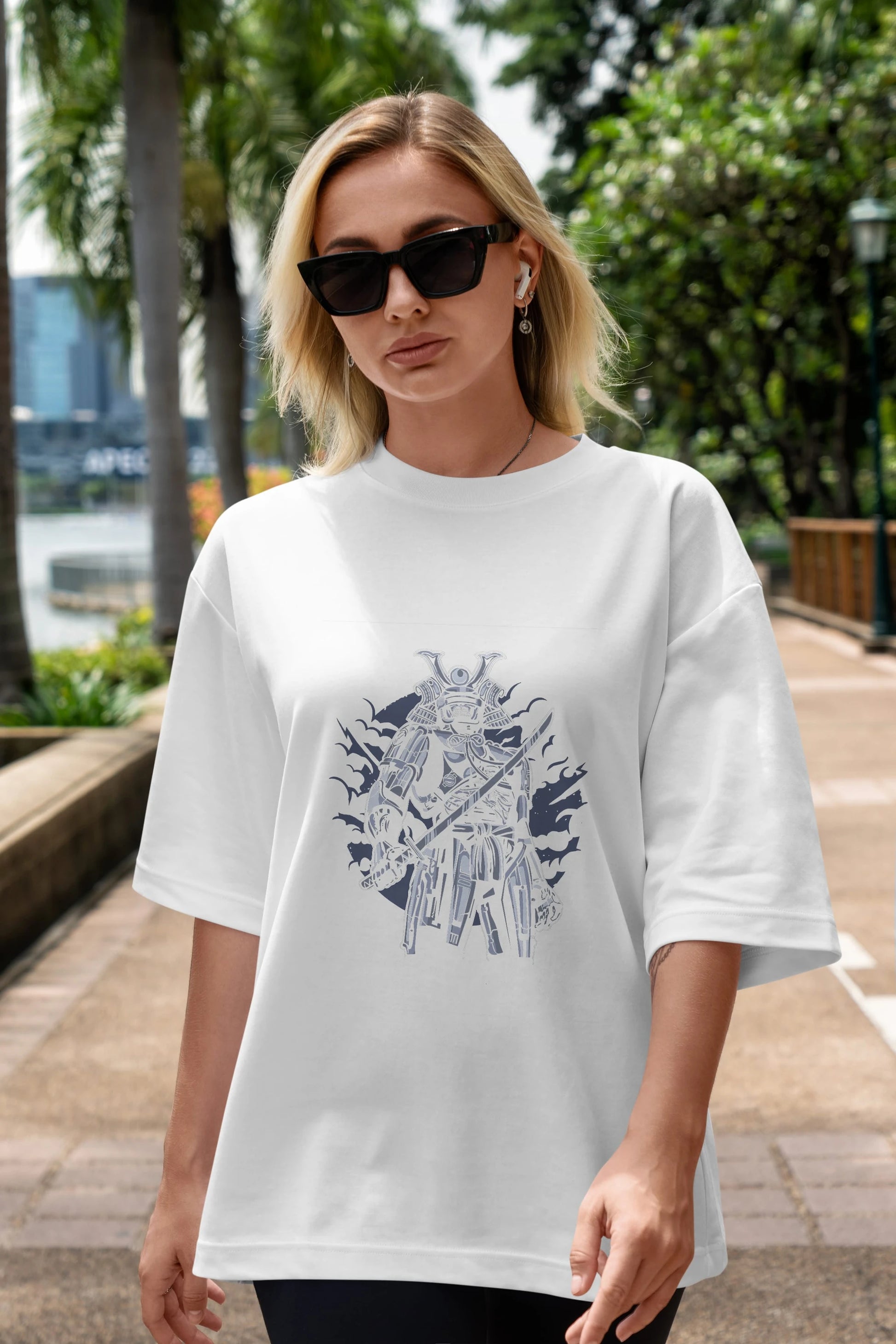 Samurai Robot Skull Ön Baskılı Oversize t-shirt Erkek Kadın Unisex %100 Pamuk tişort
