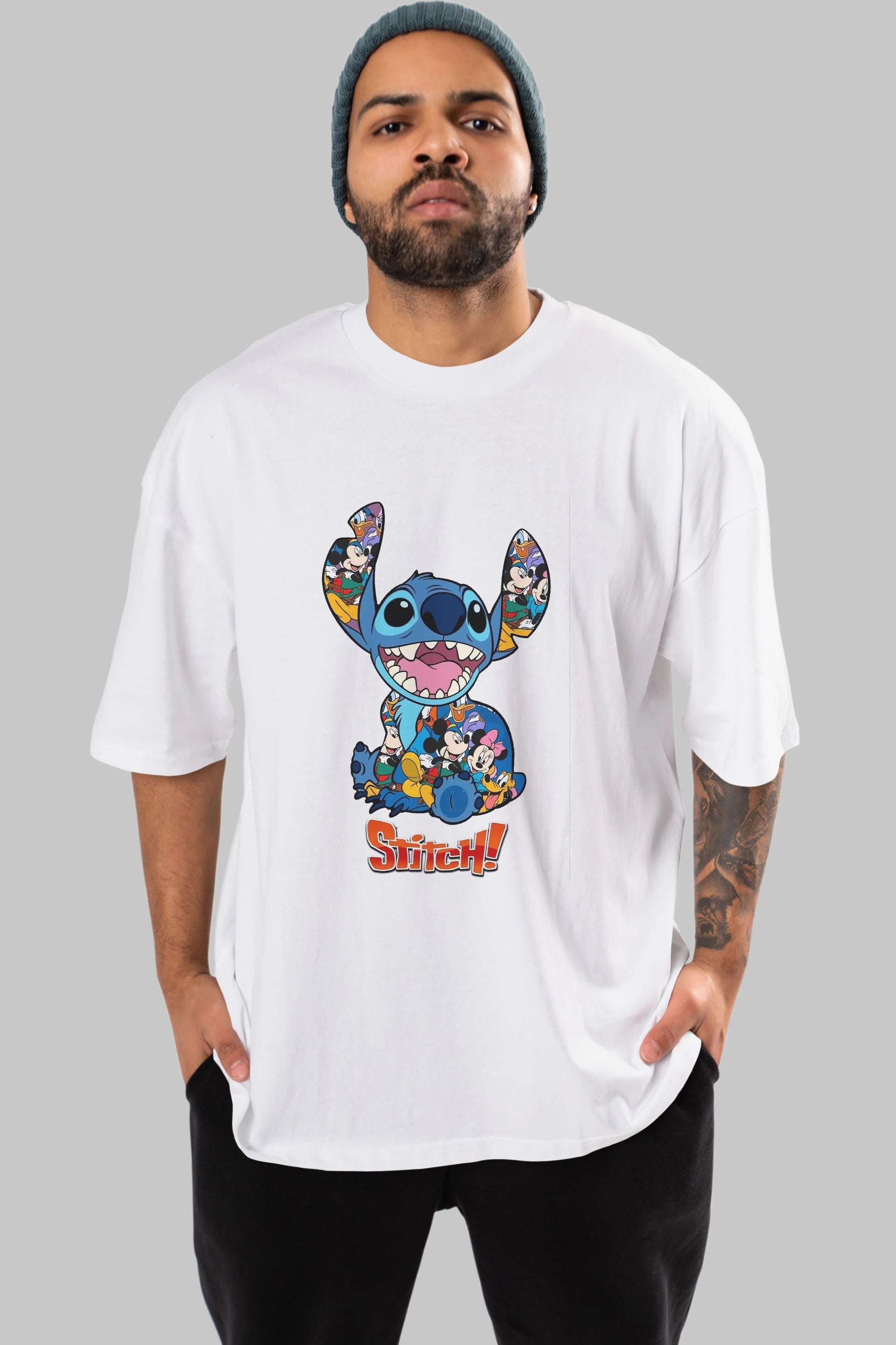 Stitch Ön Baskılı Oversize t-shirt Erkek Kadın Unisex %100 Pamuk Bisiklet Yaka tişort