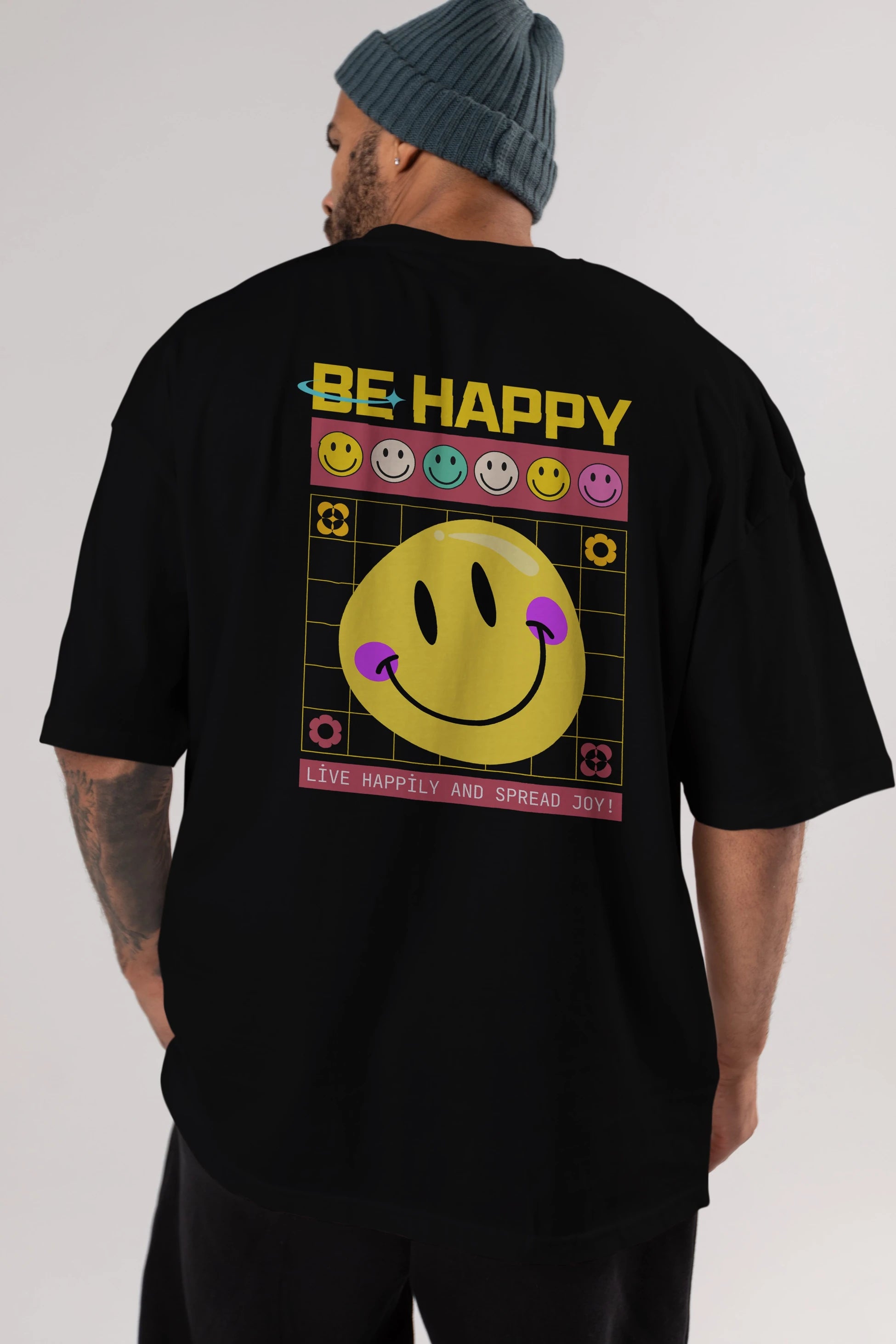 Be Happy Yazılı Arka Baskılı Oversize t-shirt Erkek Kadın Unisex